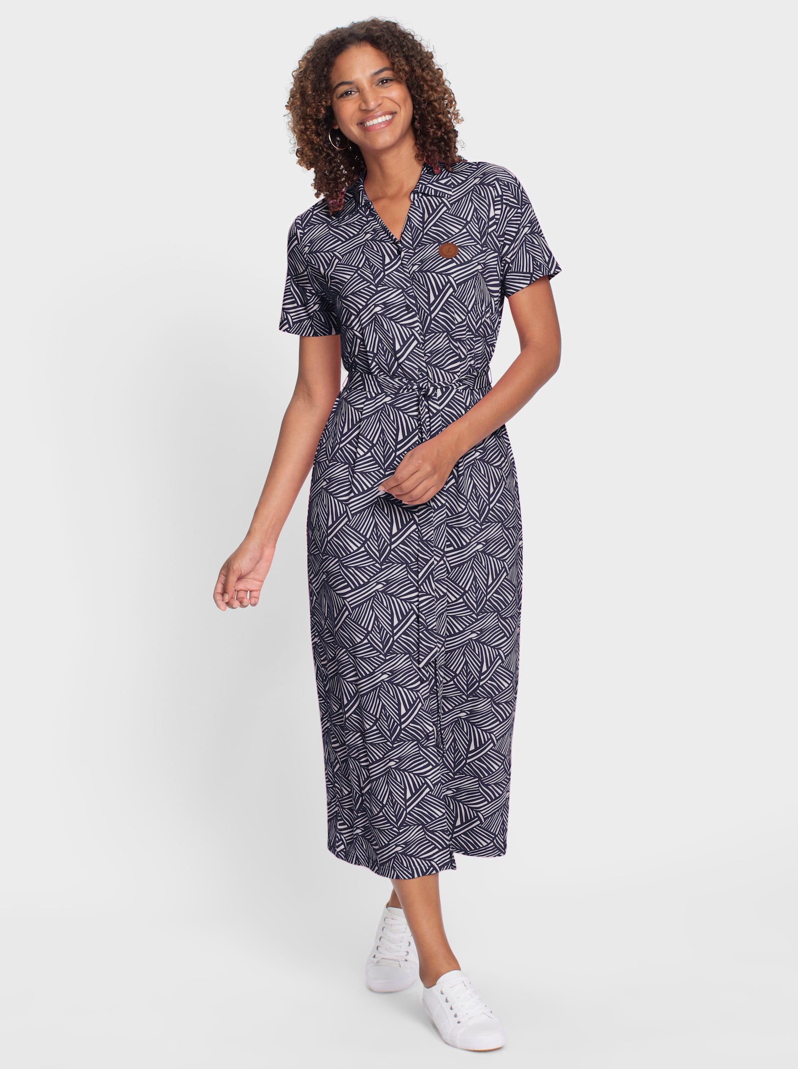 Jerseykleid inklusive Bindegürtel - marine-weiss-bedruckt