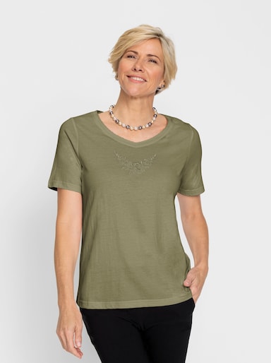 Rundhalsshirt mit Bogenrand am V-Ausschnitt - khaki