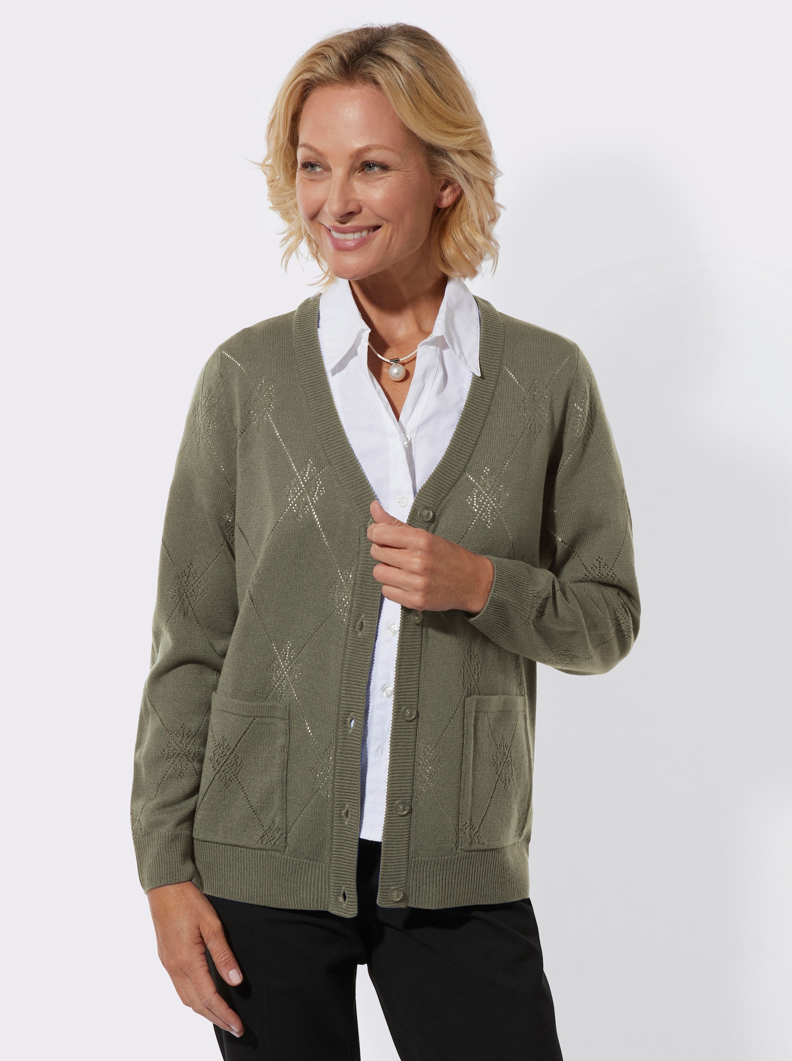 Ajourstrickjacke mit Rautenmuster - khaki