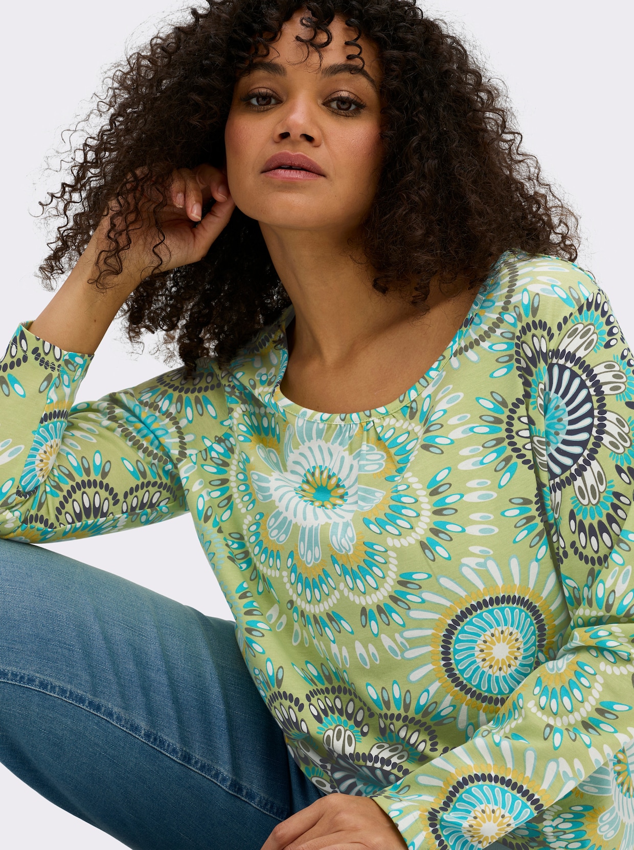 Rundhalsshirt aus reiner Baumwolle - pistazie-türkis-bedruckt