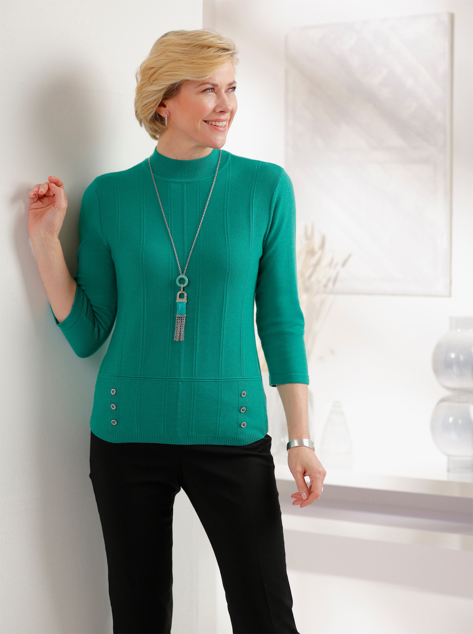 Stehkragenpullover mit 3/4-langen Ärmeln - smaragd