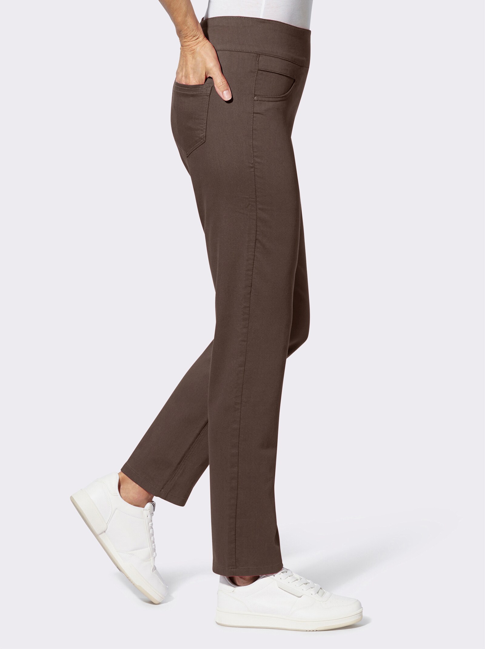 Navlékací kalhoty s vysokým elastickým pasem - čokoládová