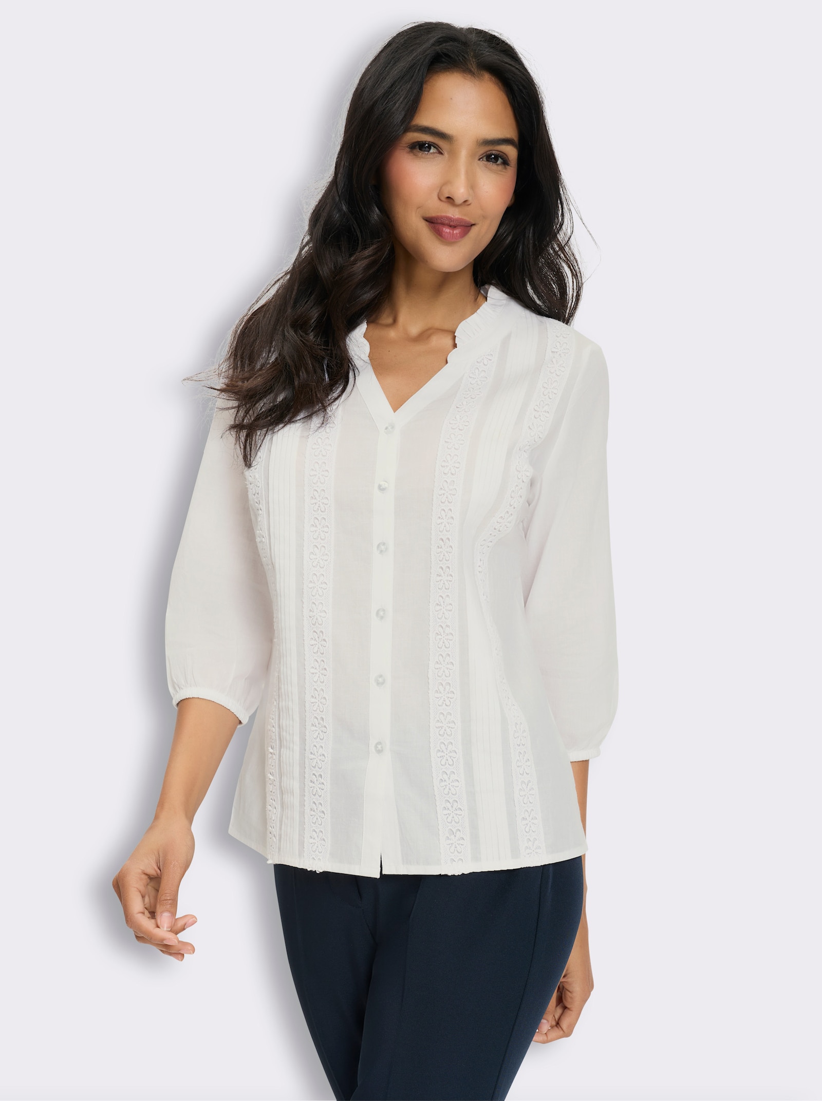 Baumwollbluse mit Rüschen- und Spitzenverzierung - weiß