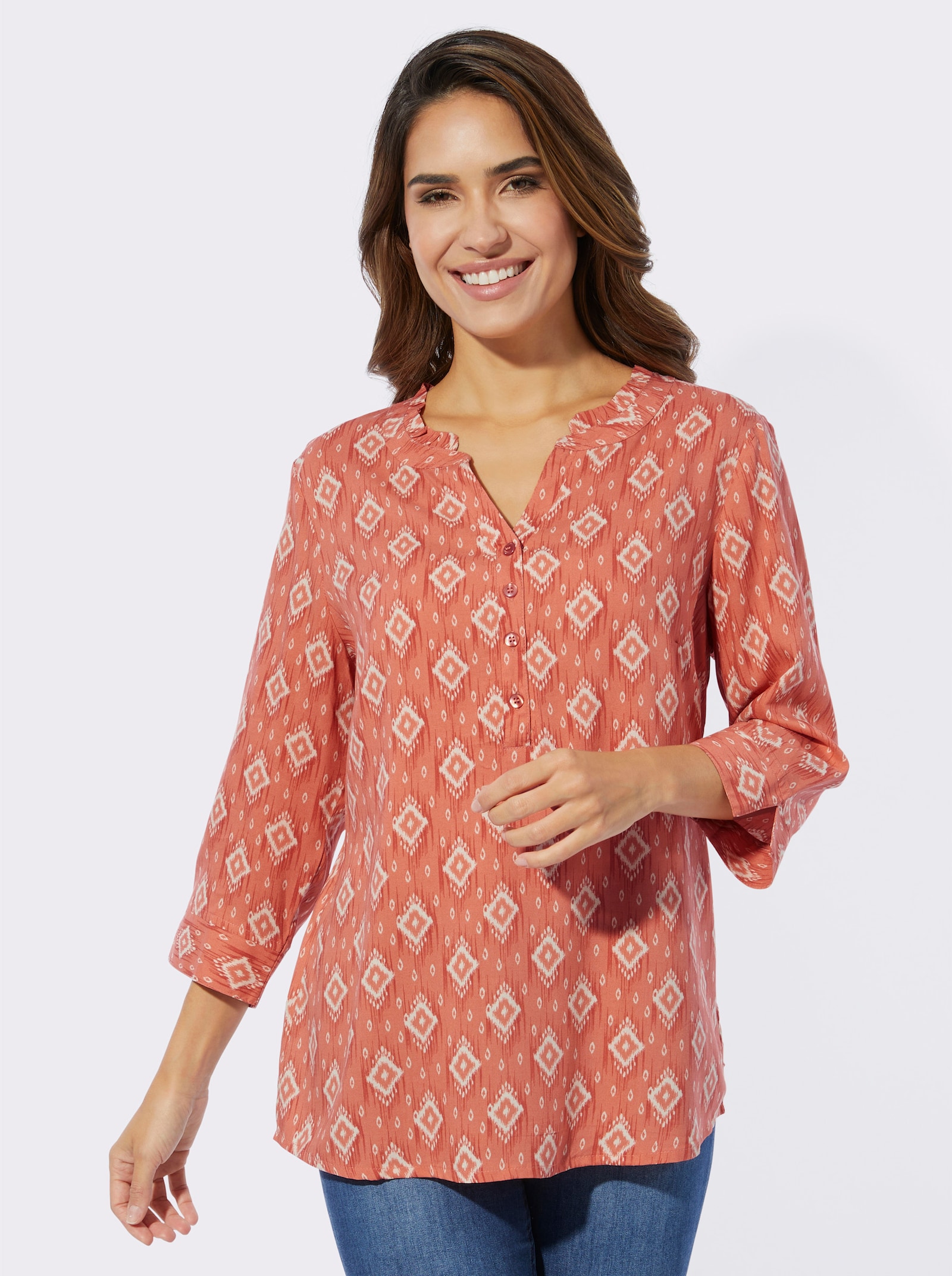 Comfortblouse met etnopatroon - papaja/zand bedrukt