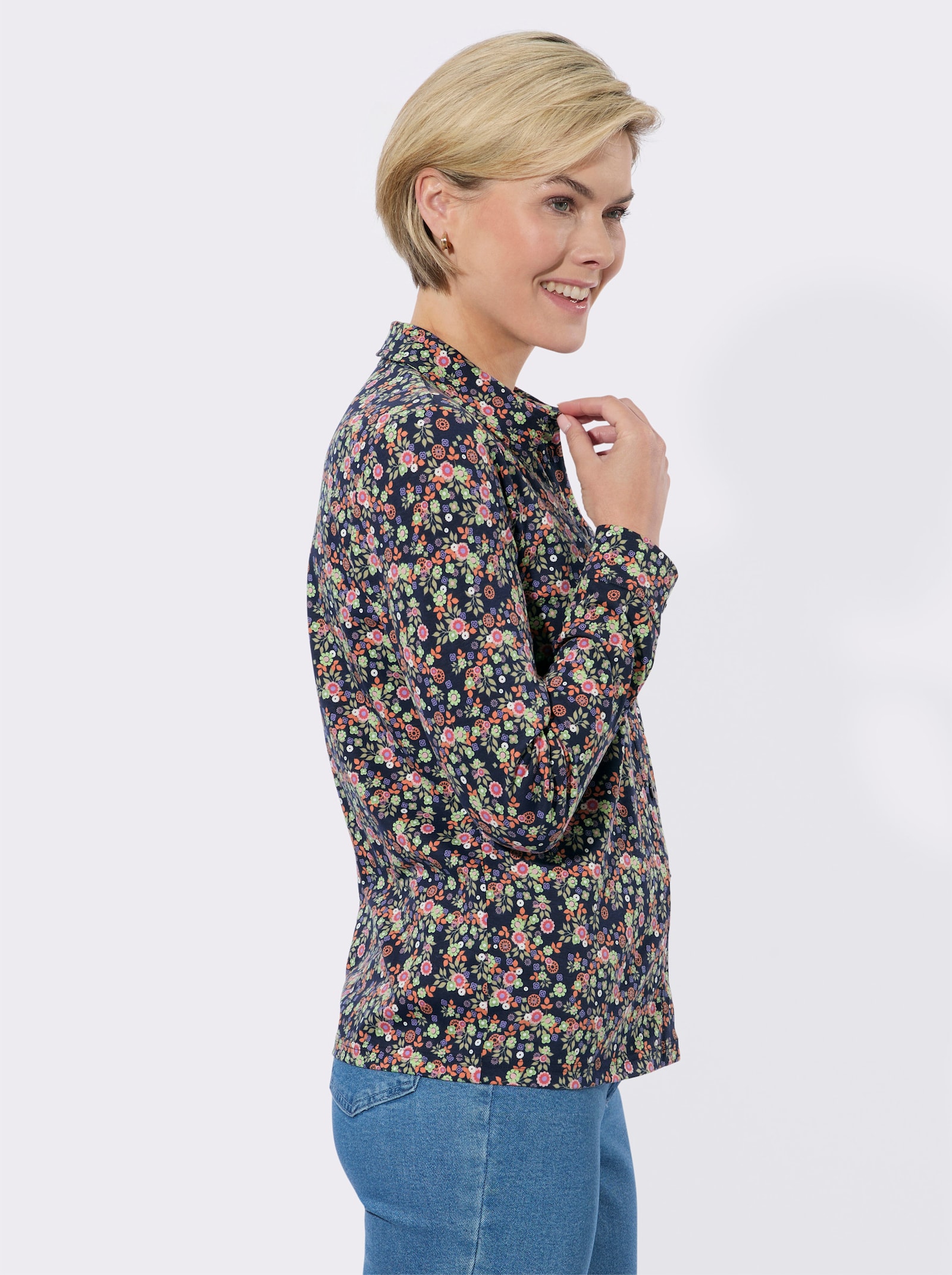 Jersey-Bluse mit floralem Muster - marine-reseda-bedruckt