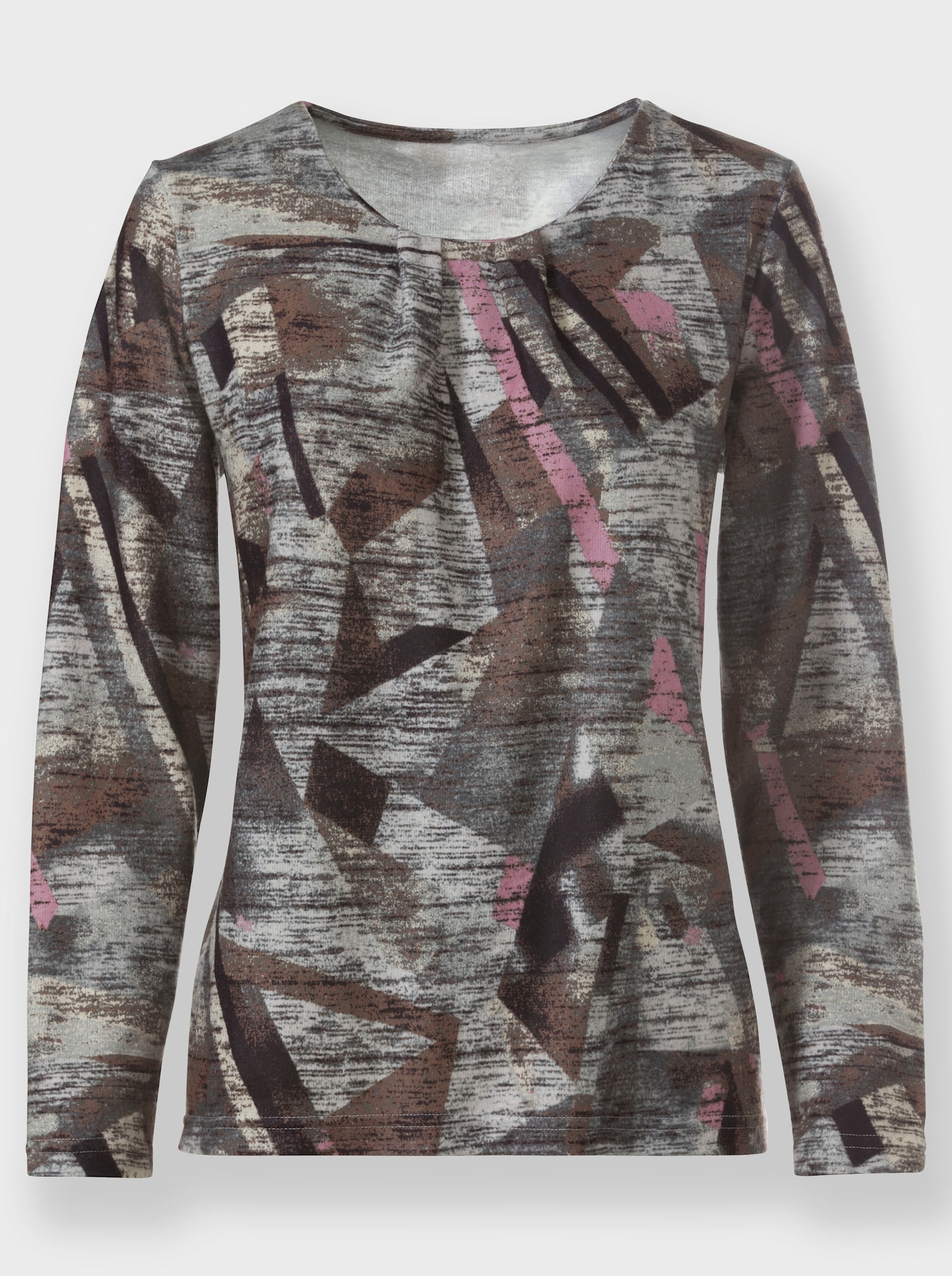 Shirt met lange mouwen en plooien bij de hals - bruin/lichtgrijs bedrukt