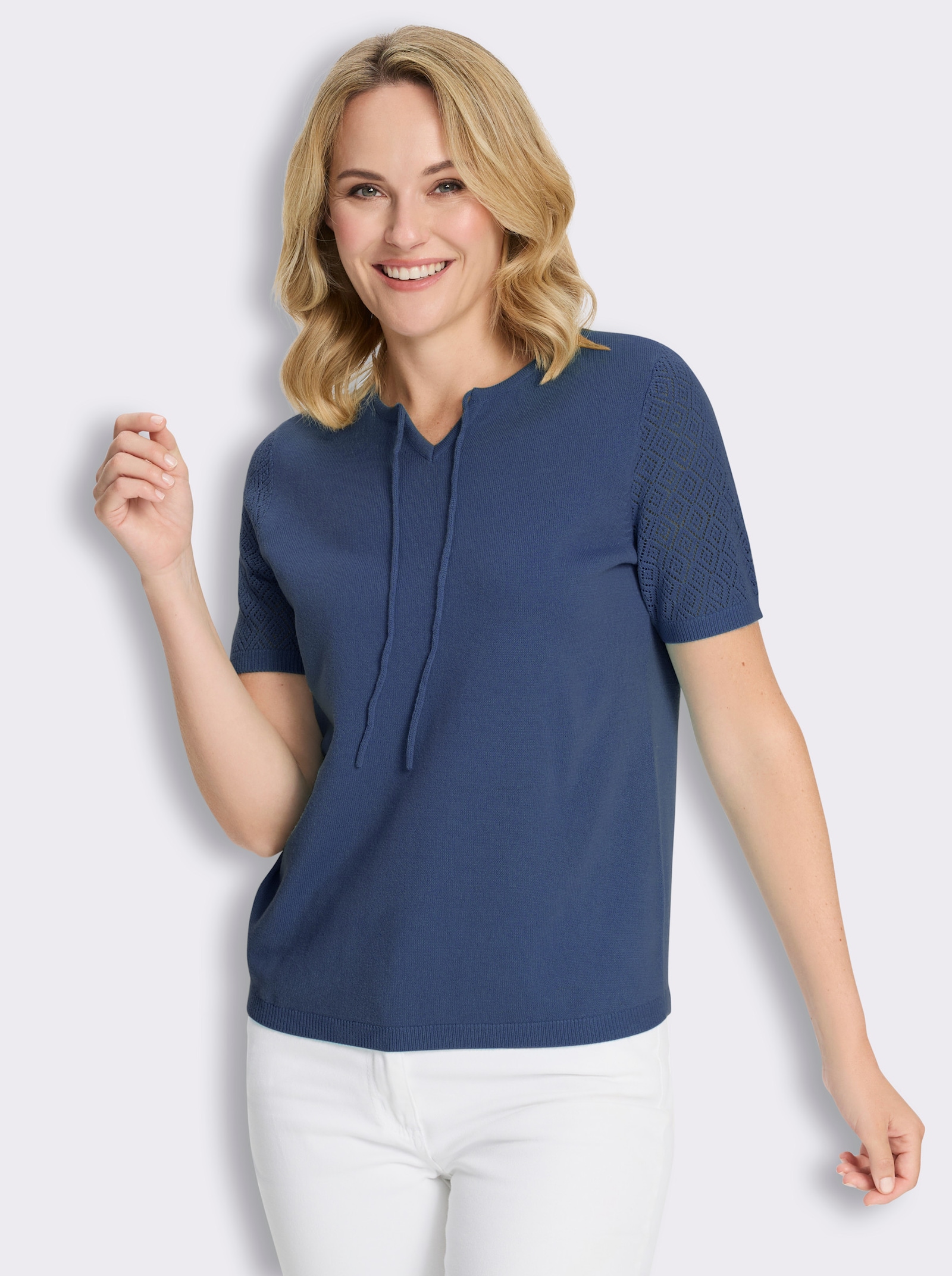 Kurzarmpullover mit Ajourmuster - jeansblau