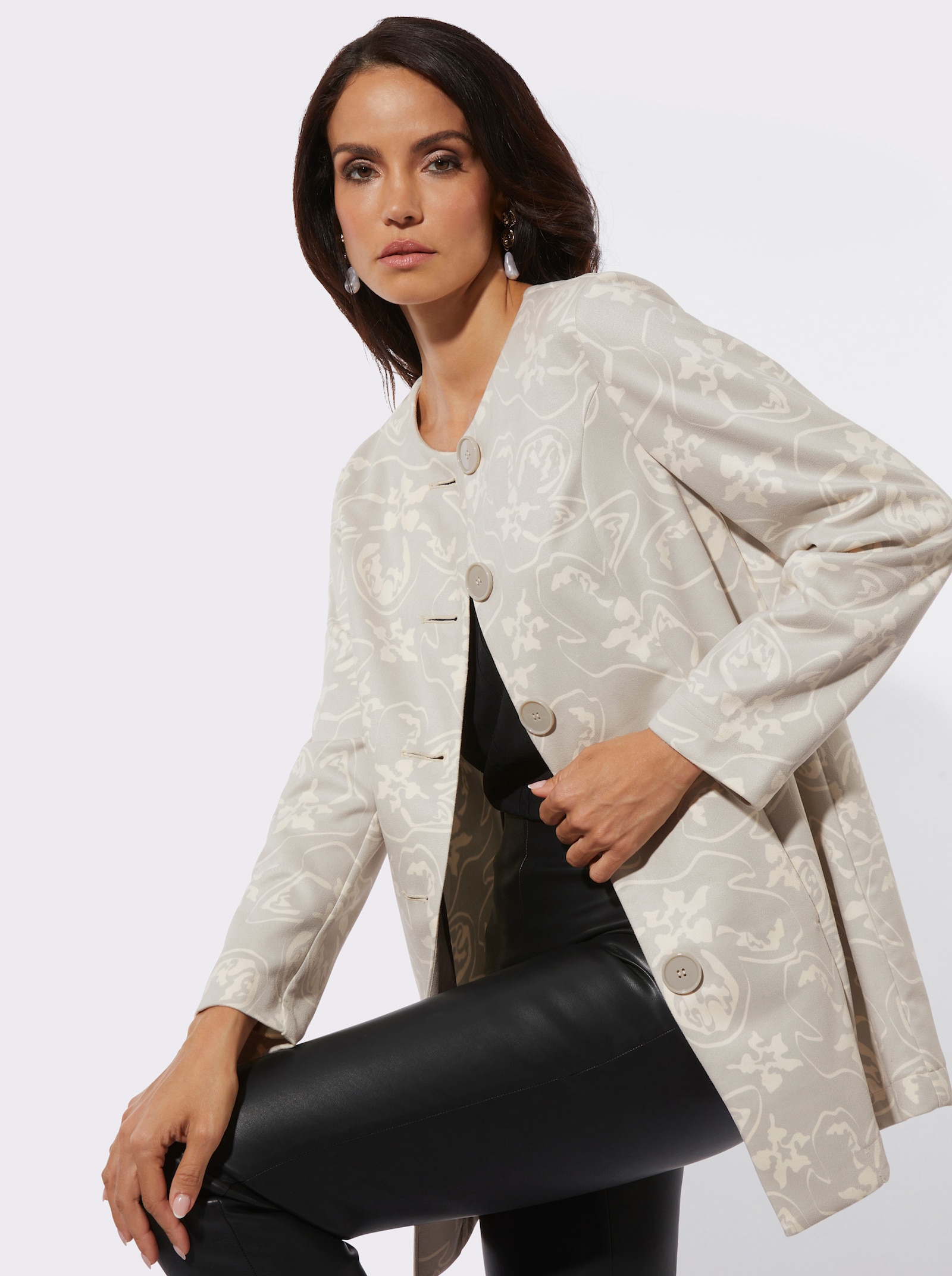 Longblazer aus bedrucktem Veloursleder-Imitat - hellgrau-champagner-bedruckt