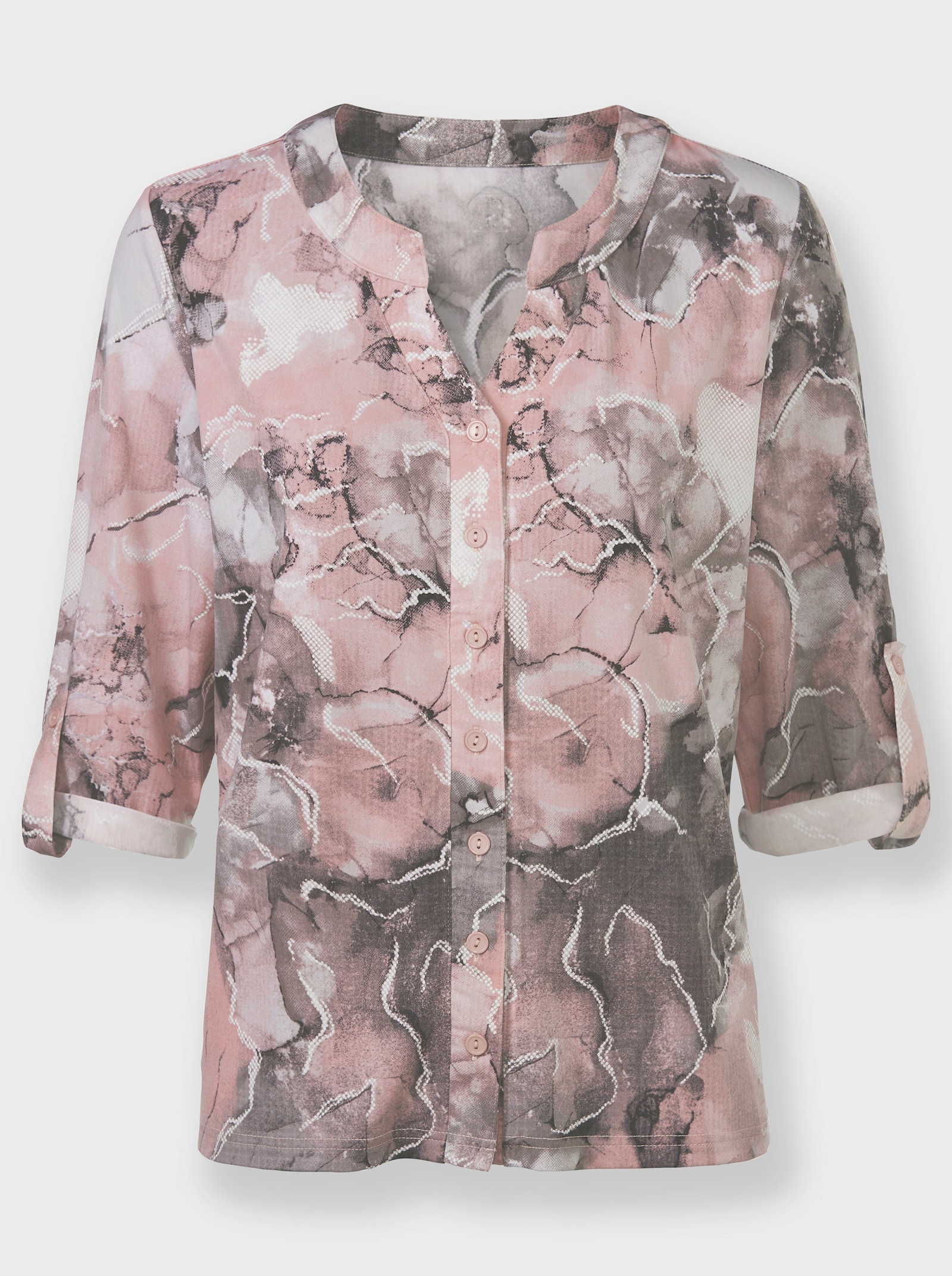 Jerseyblouse met mouwpatten - roze/steengrijs bedrukt