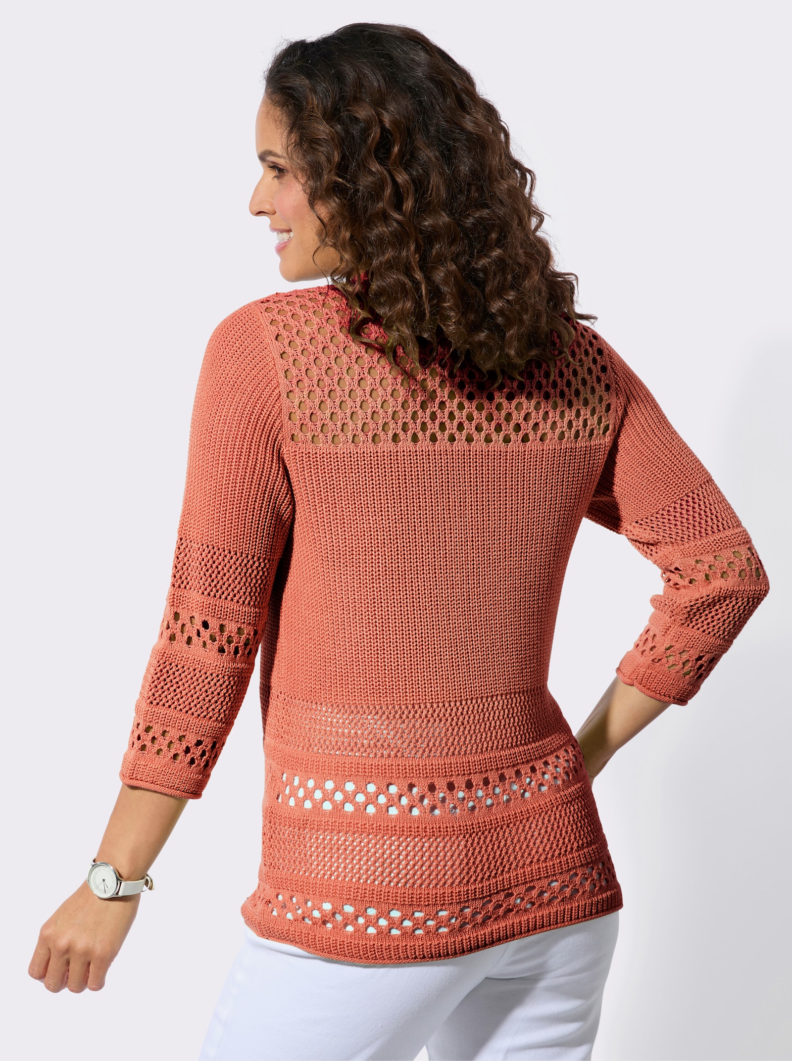 Ajourpullover mit Rollkanten - papaya