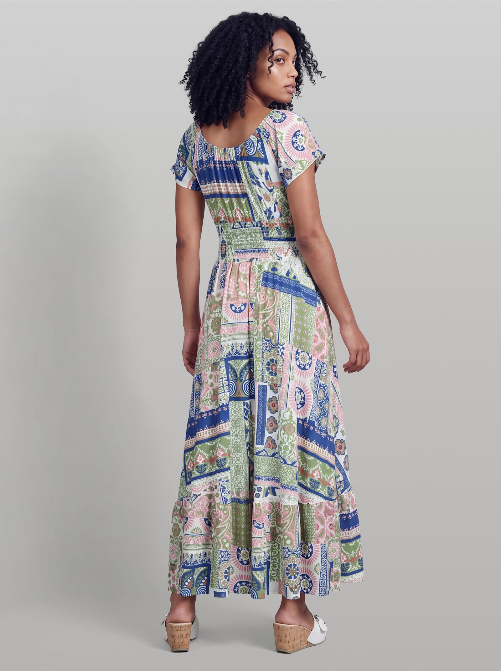 heine Druckkleid mit Carmen-Ausschnitt - eucalyptus-royalblau-bedruckt