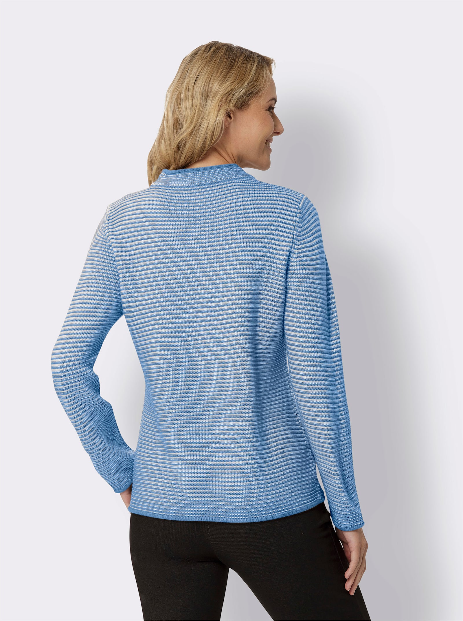 Stehkragenpullover mit Streifen-Muster - mittelblau-ecru-geringelt