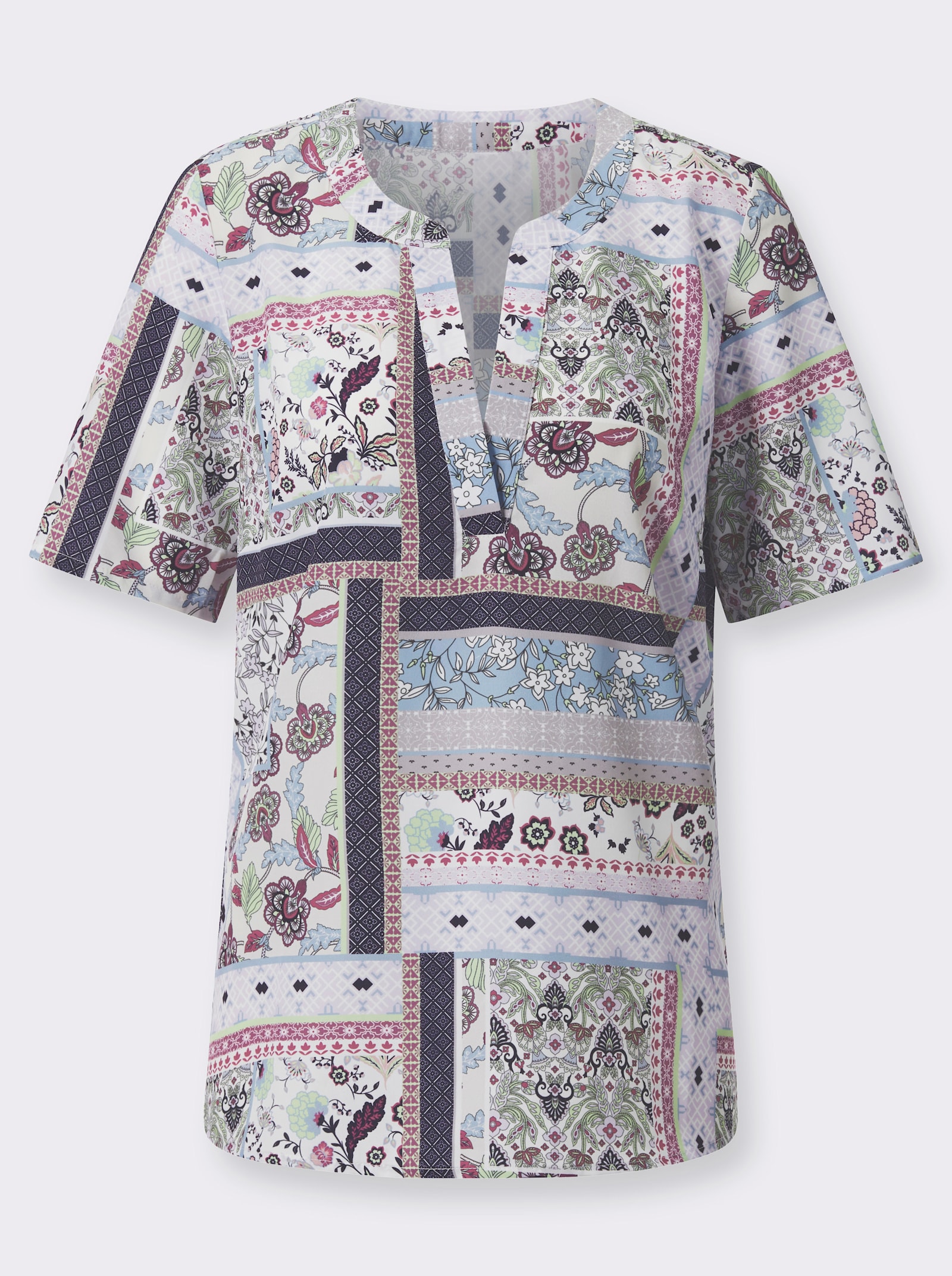 Halenka s krátkým rukávem a patchworkovým vzhledem - ecru-šeříková-potisk