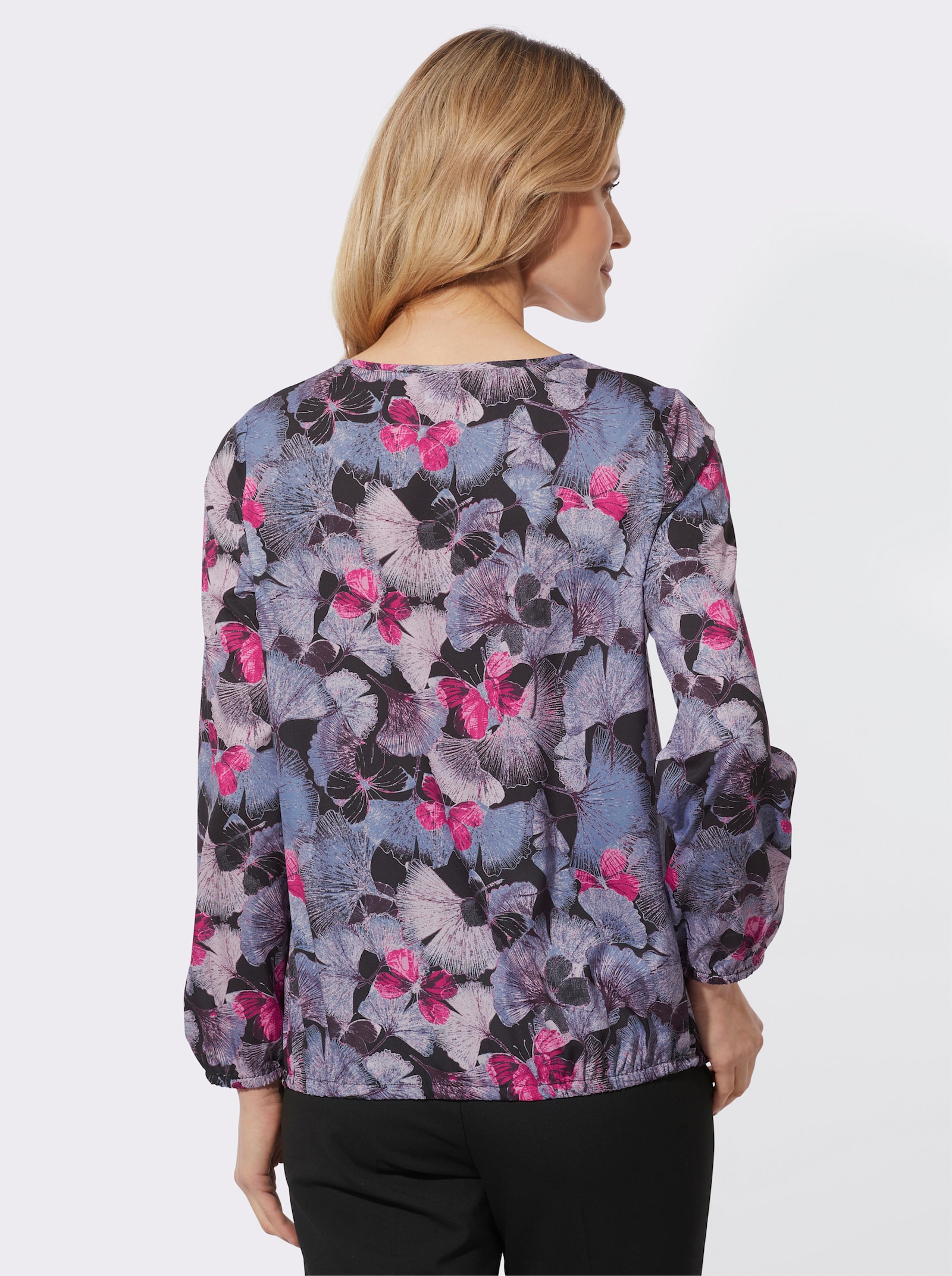 Druckbluse mit Elastik-Bündchen - traube-fuchsia-bedruckt