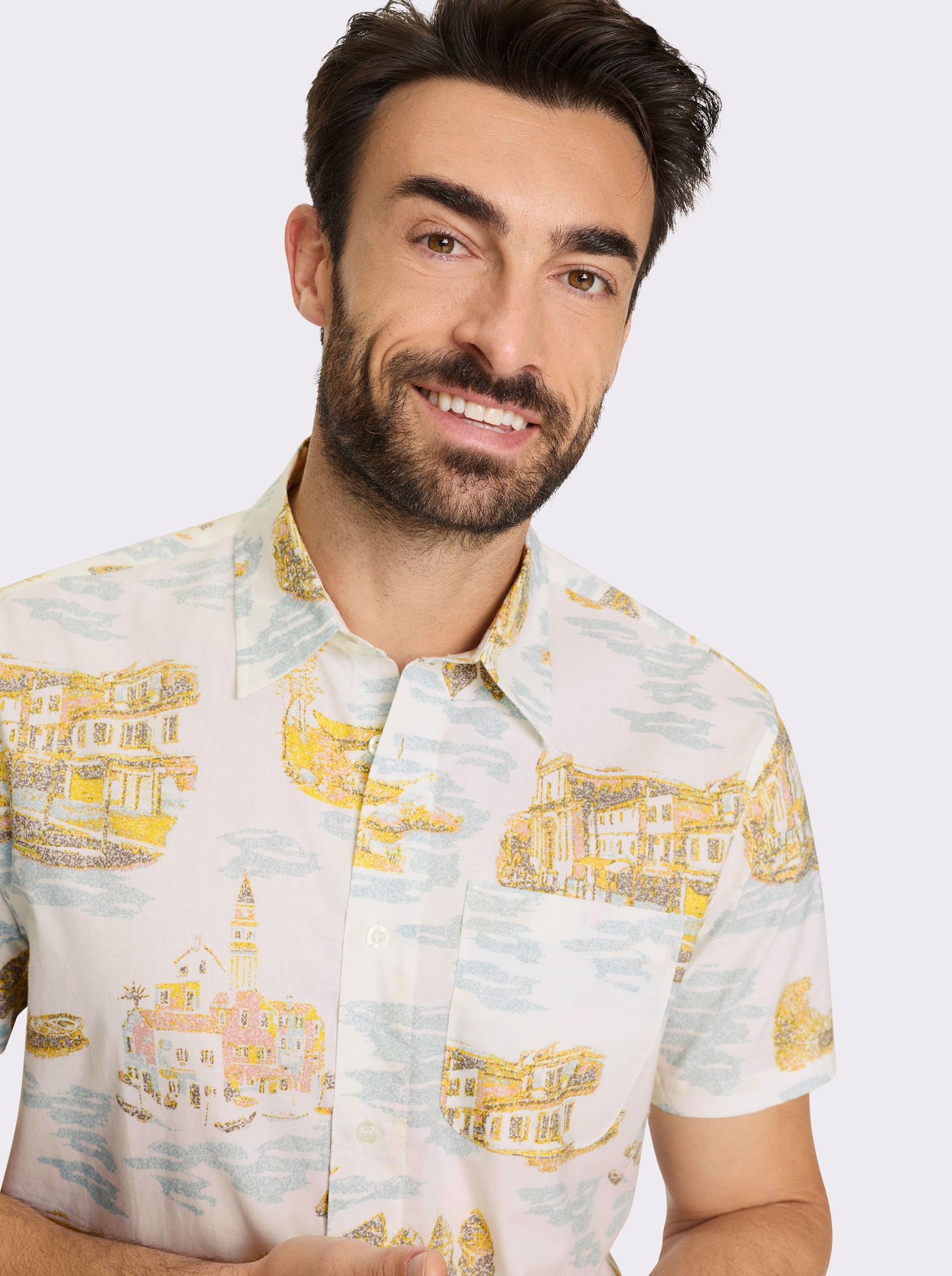 Marco Donati Kurzarmhemd mit Kentkragen - weiß-mint-bedruckt