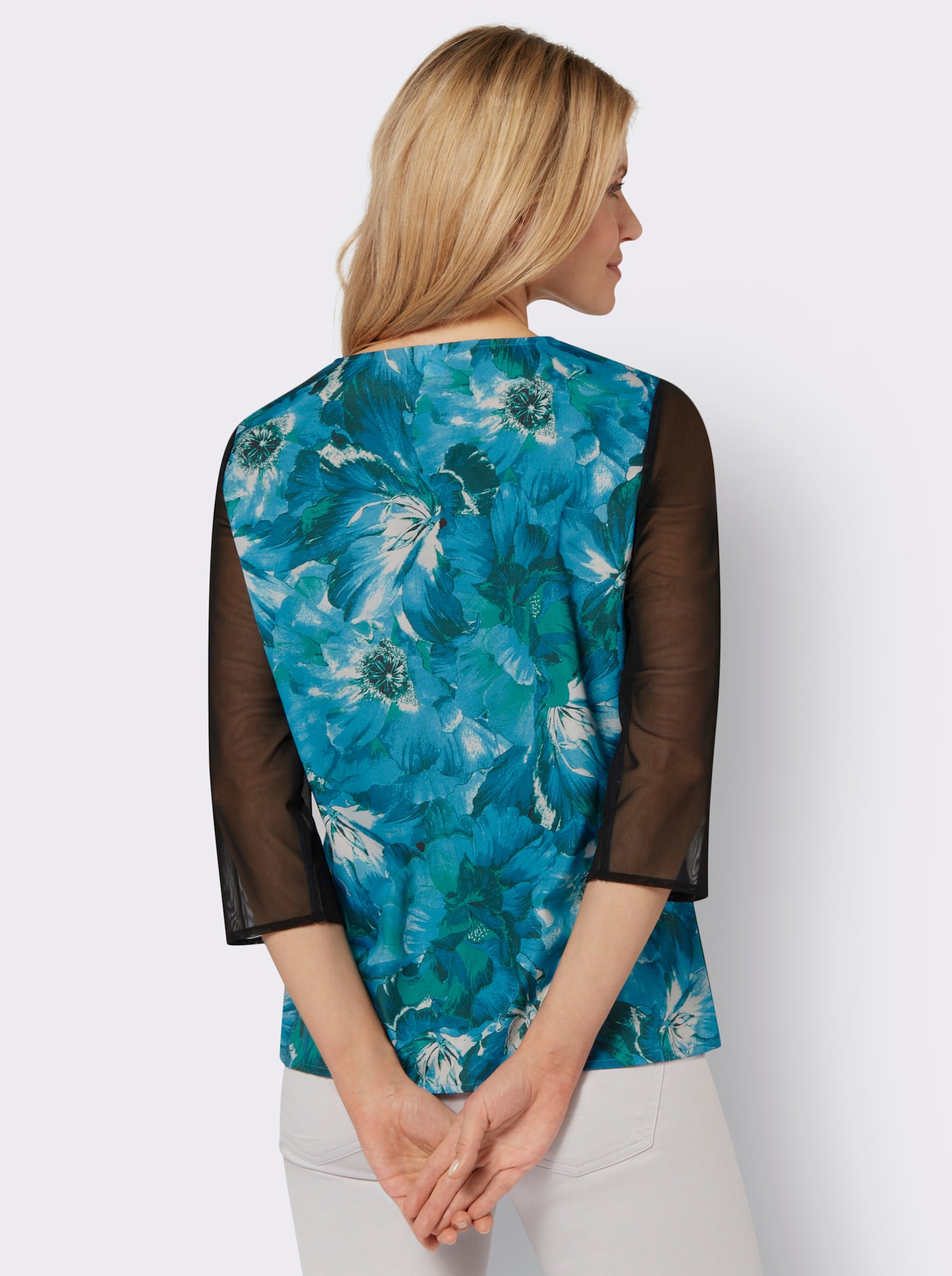 Navlékací halenka s lehce průhlednými 3/4 rukávy - černá-topasová-potisk