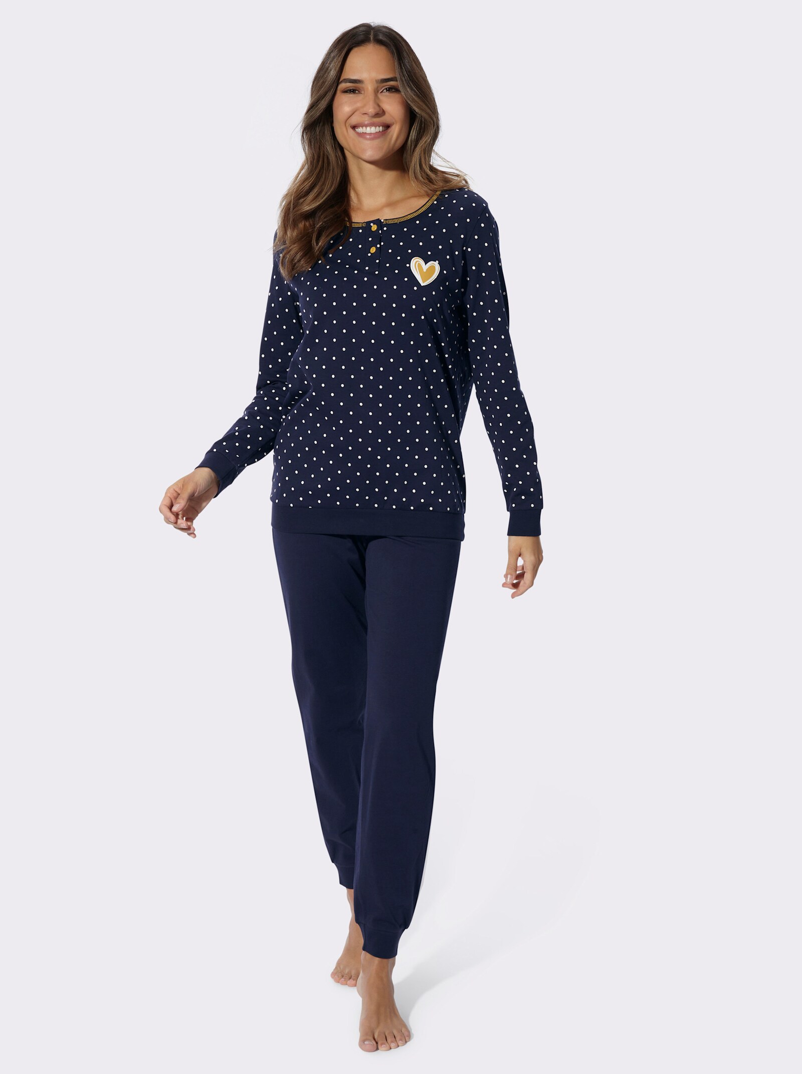 Schlafanzug in kontrastreicher Verarbeitung - marine-ecru-bedruckt