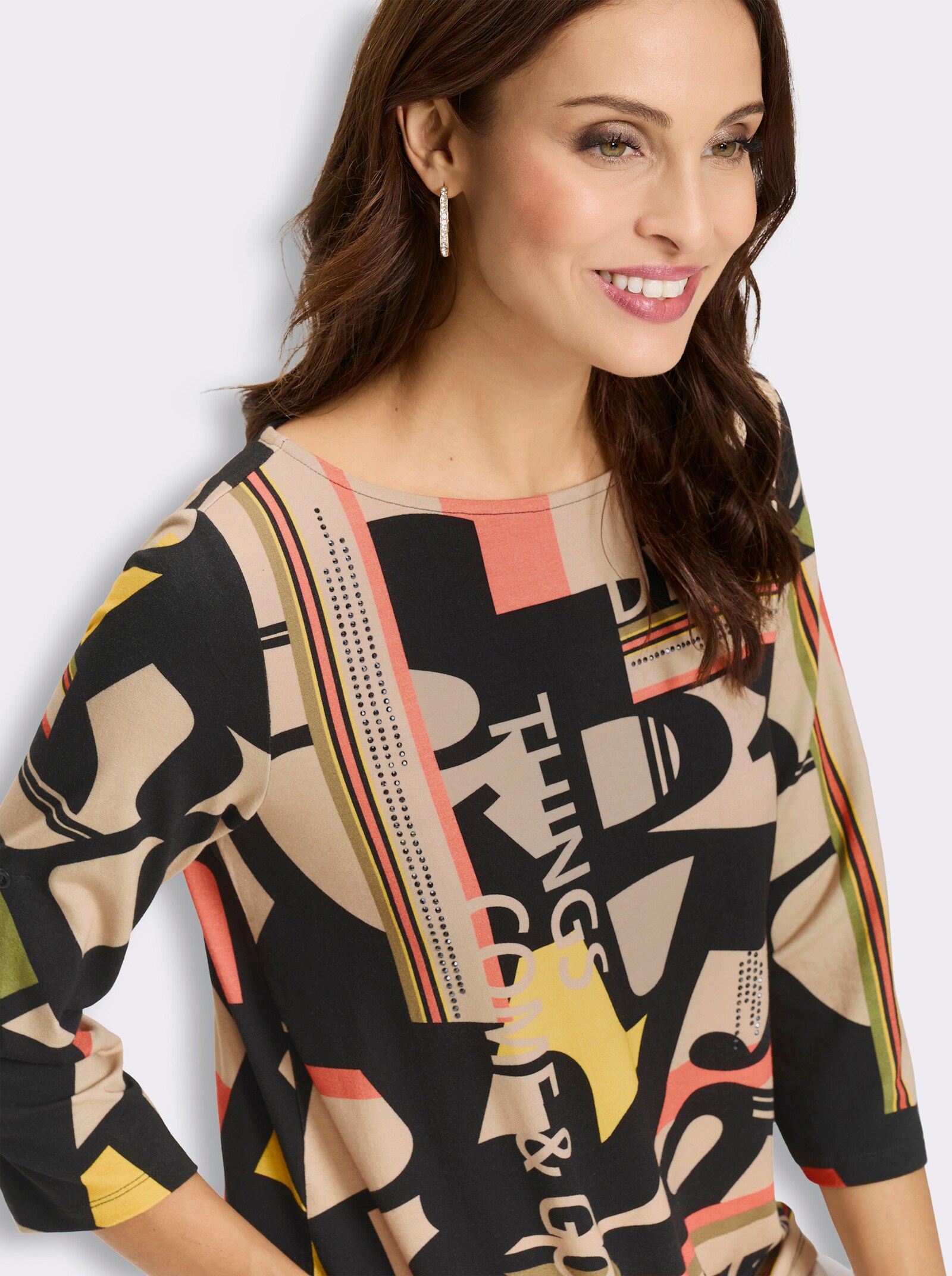 Print-Shirt mit Krempelärmeln - schwarz-sand-bedruckt