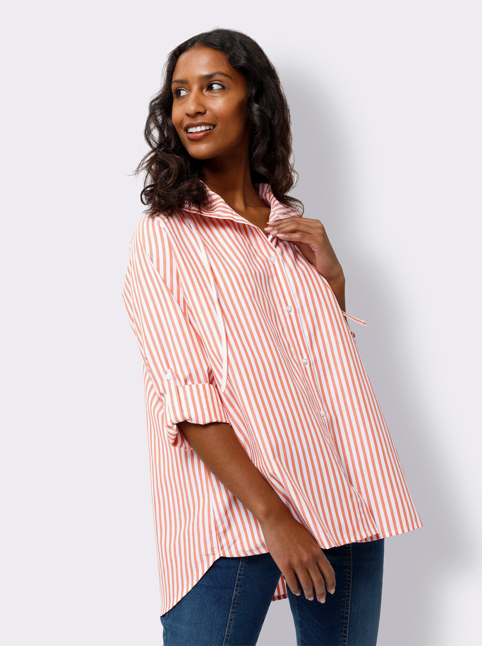 heine Gestreifte Bluse mit Kapuze - orange-ecru-gestreift