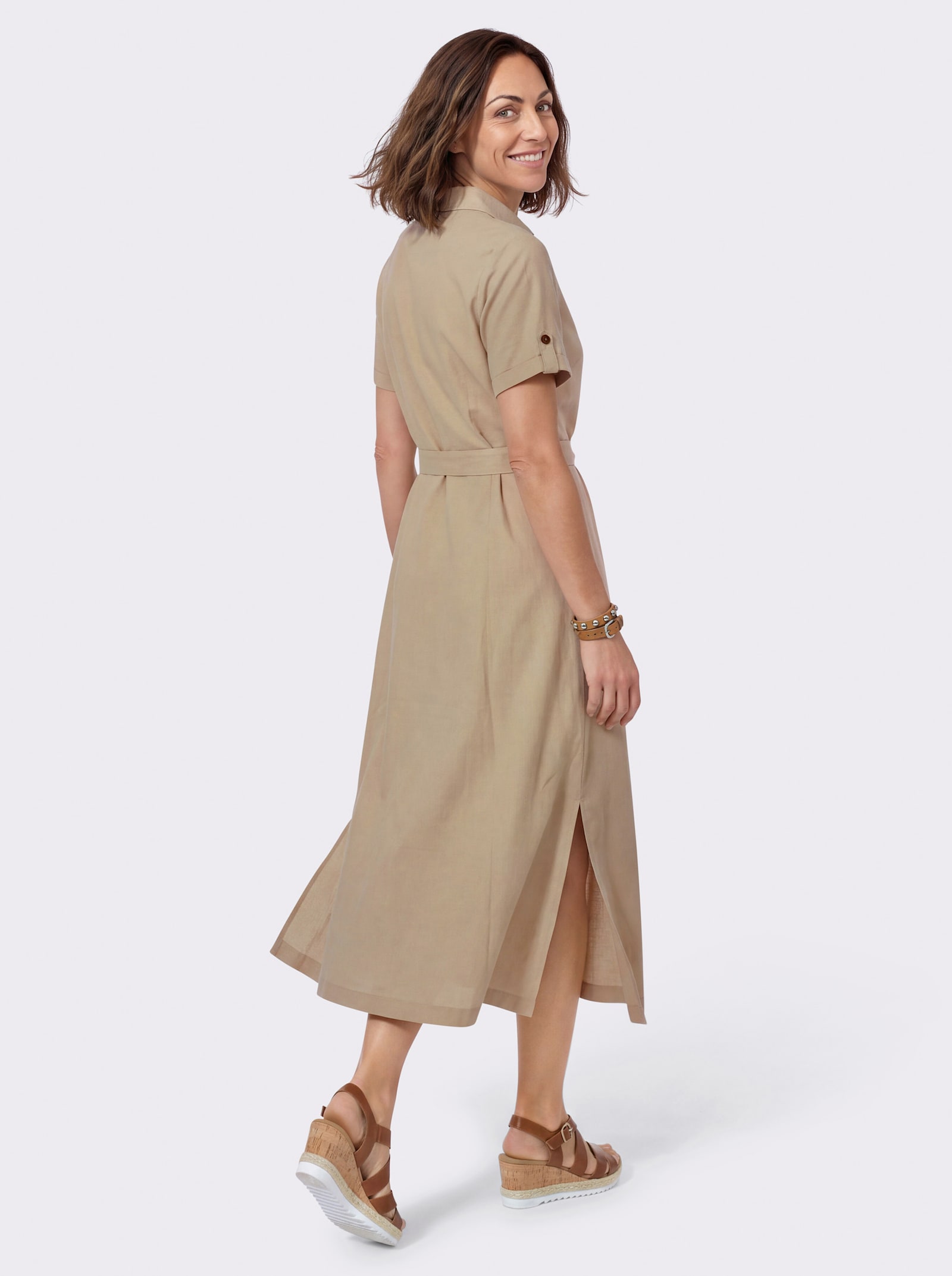 Hemdblusenkleid mit Bindegürtel - beige