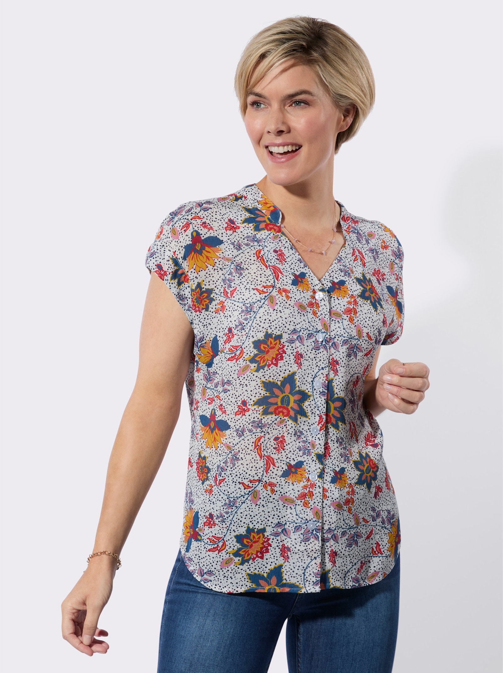 Kurzarmbluse in strukturierter Qualität - weiß-erdbeere-bedruckt