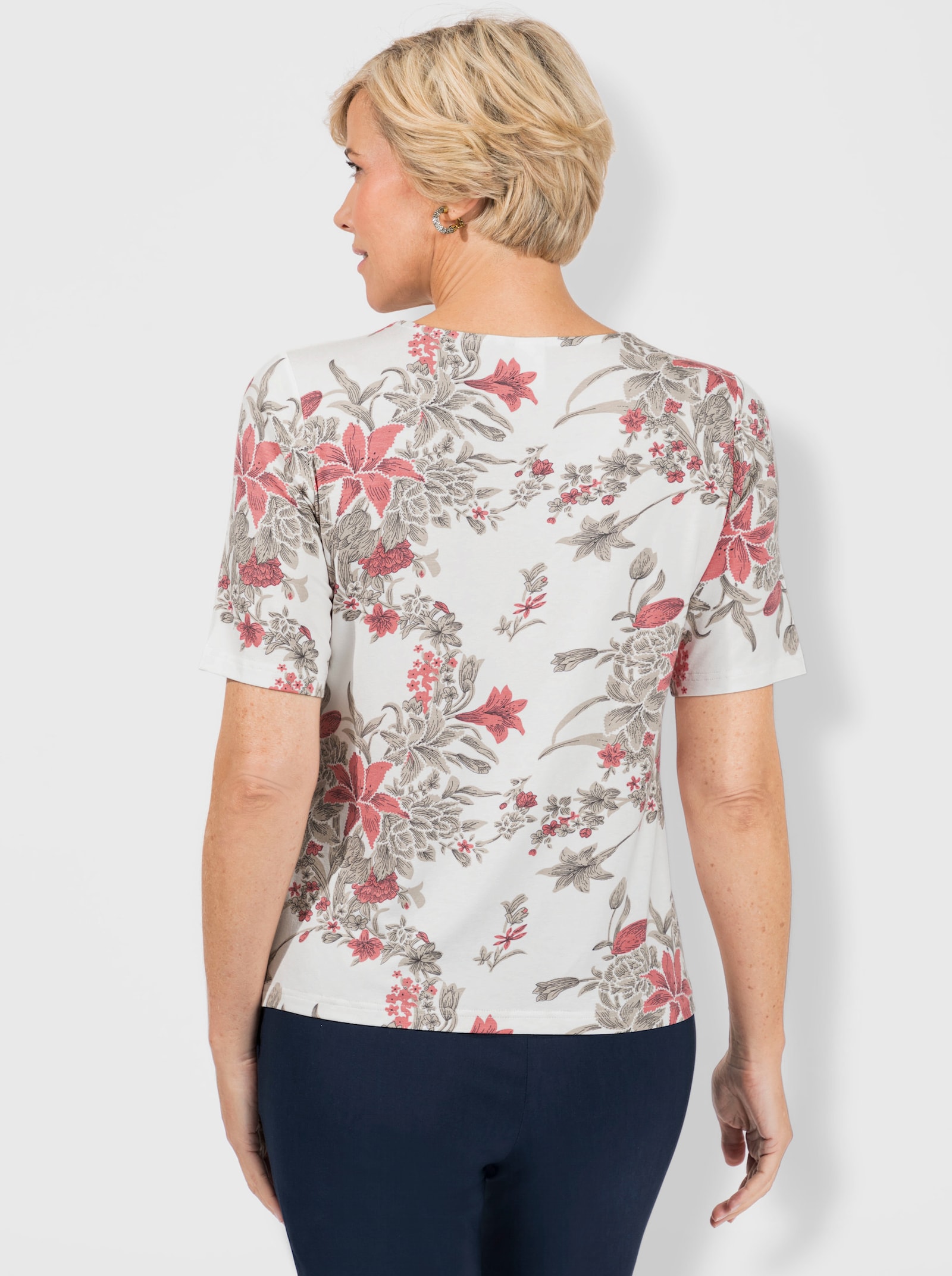 Rundhalsshirt mit Floral-Print, Viskose - flamingo-ecru-bedruckt