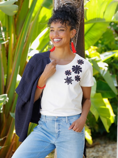 heine Kurzarmshirt mit Blüten-Applikation - ecru