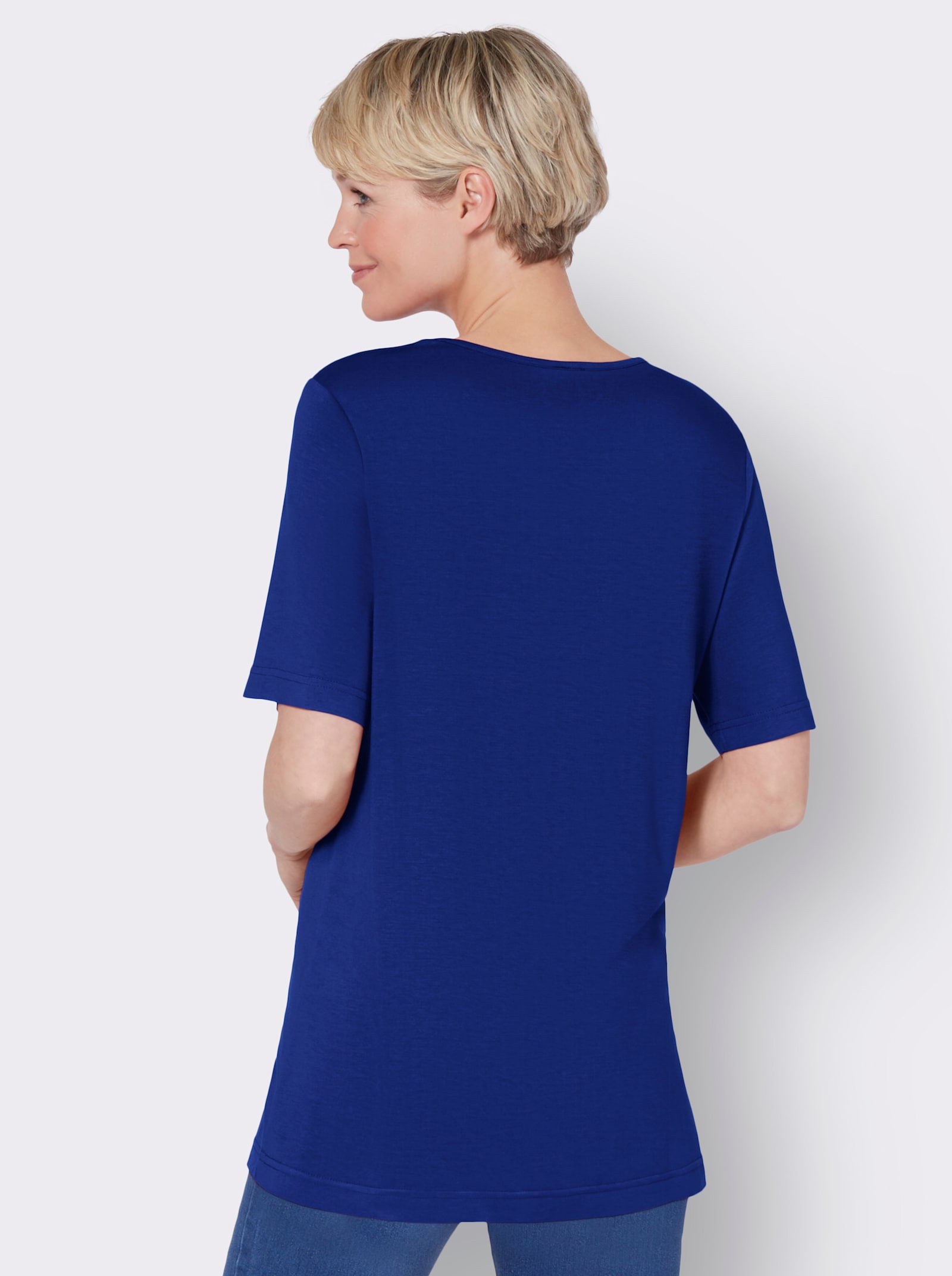 Shirt met korte mouwen en siersteentjes, pure viscose - koningsblauw