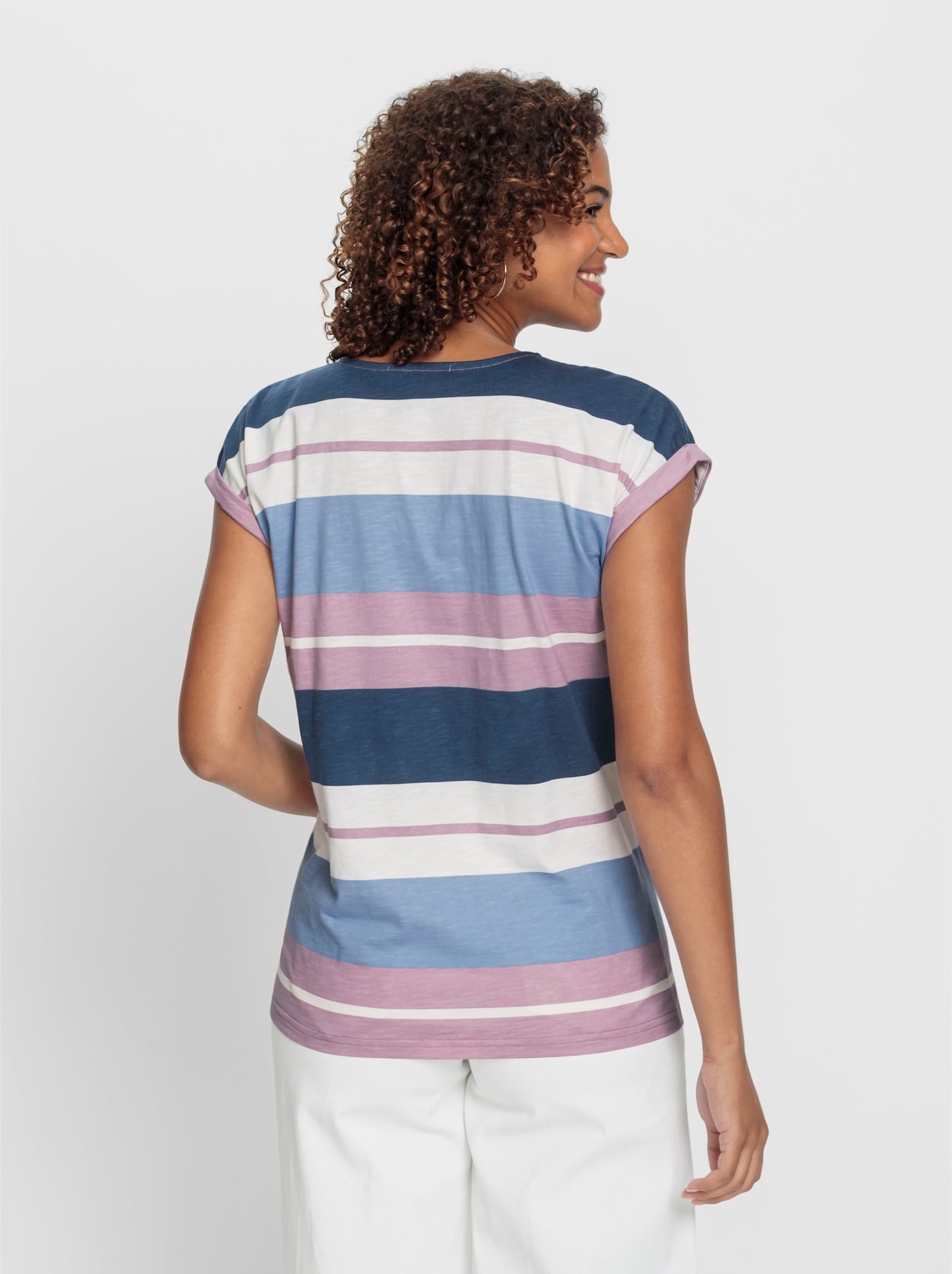 Tričko s potiskem z čisté bavlny - slézová-tmavěmodrá-proužek