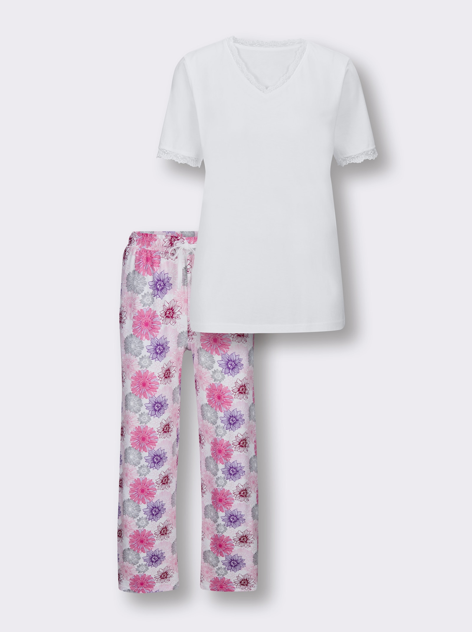 wäschepur Schlafanzug mit geblümter Hose - weiß-fuchsia-bedruckt
