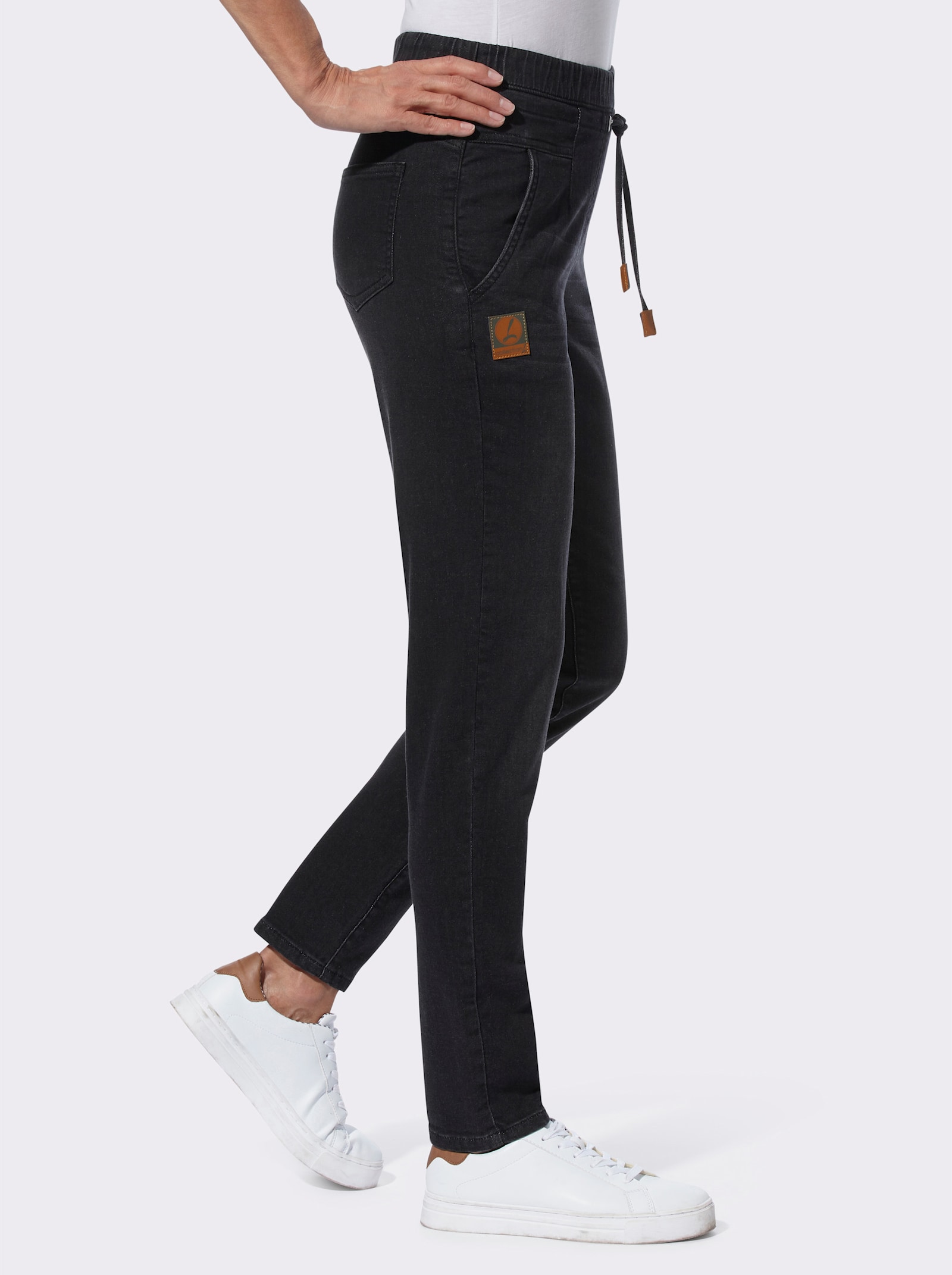 Schlupfjeans mit Tunnelzug und Bindeband - black-denim