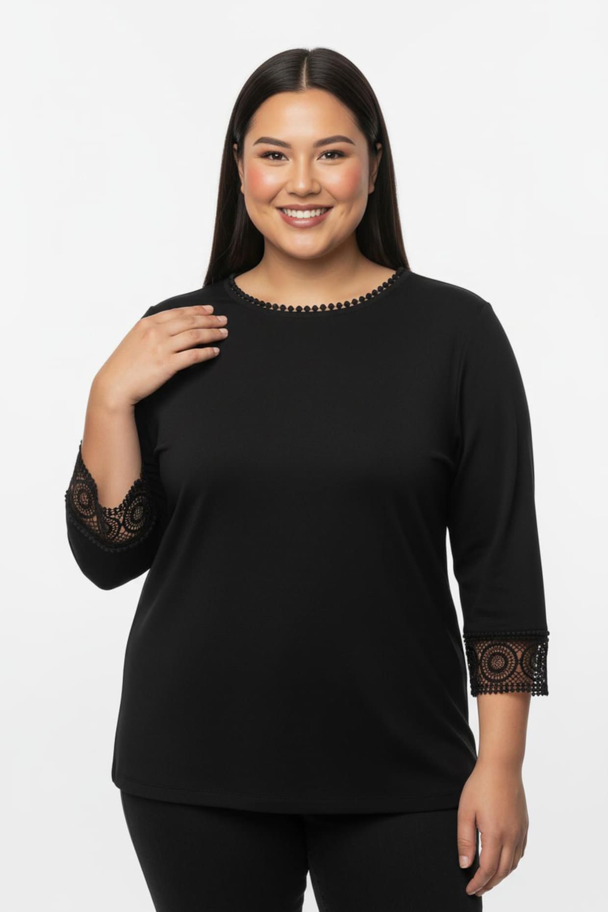 CREATION L PREMIUM 3/4-Arm-Shirt mit Spitzenbordüre an Ausschnitt und Ärmeln - schwarz