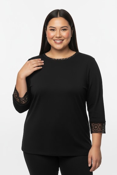 CREATION L PREMIUM 3/4-Arm-Shirt mit Spitzenbordüre an Ausschnitt und Ärmeln - schwarz