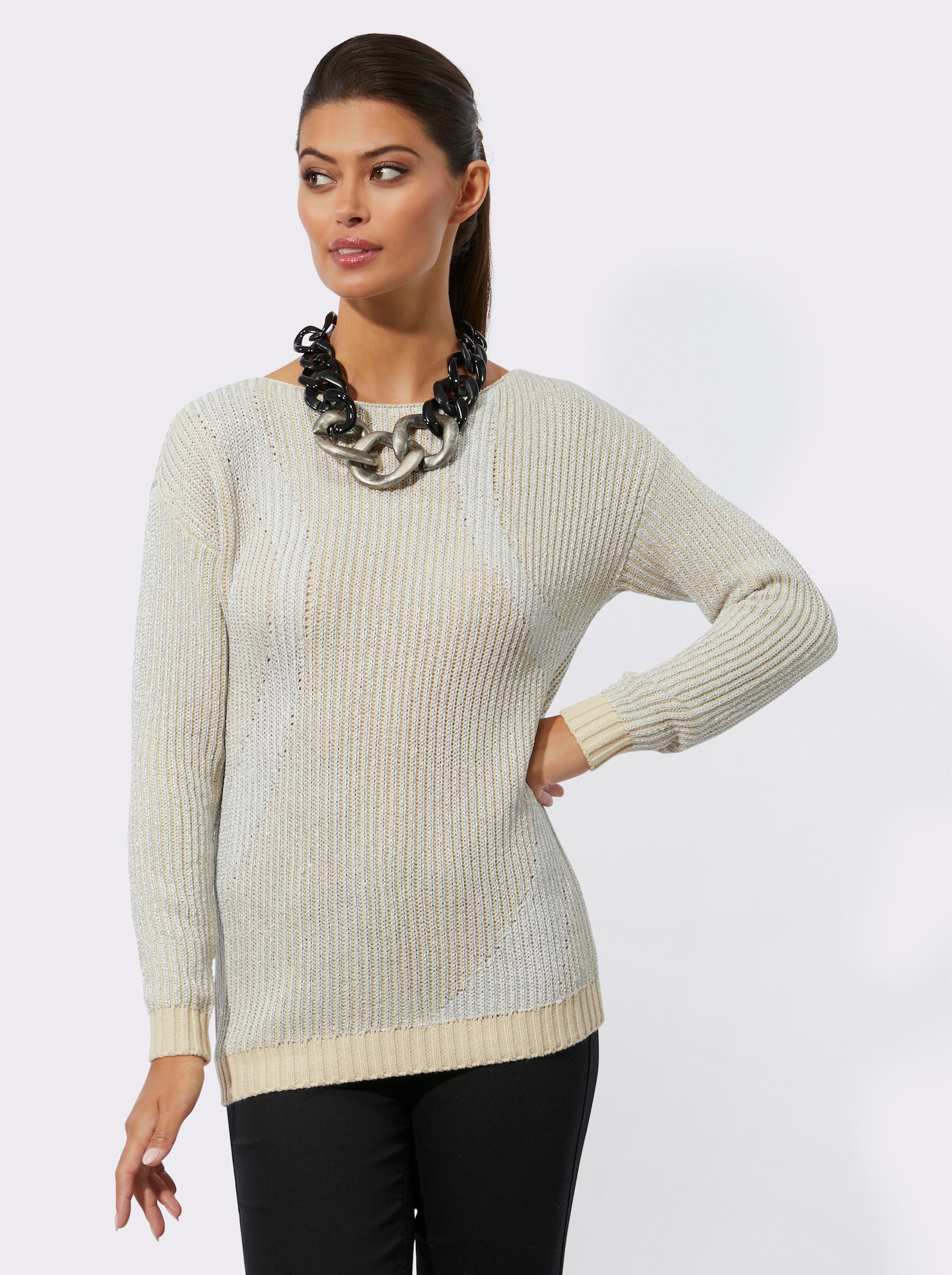 Langarm-Pullover in Ripp-Optik mit Glitzergarn - sand-silberfarben-gemustert