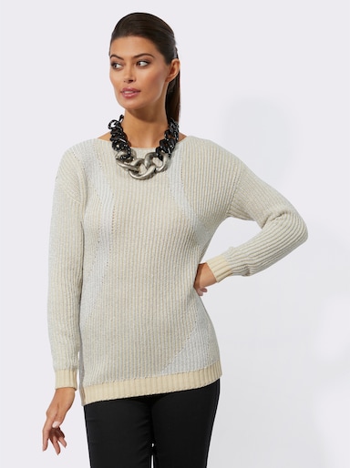 Langarm-Pullover in Ripp-Optik mit Glitzergarn - sand-silberfarben-gemustert