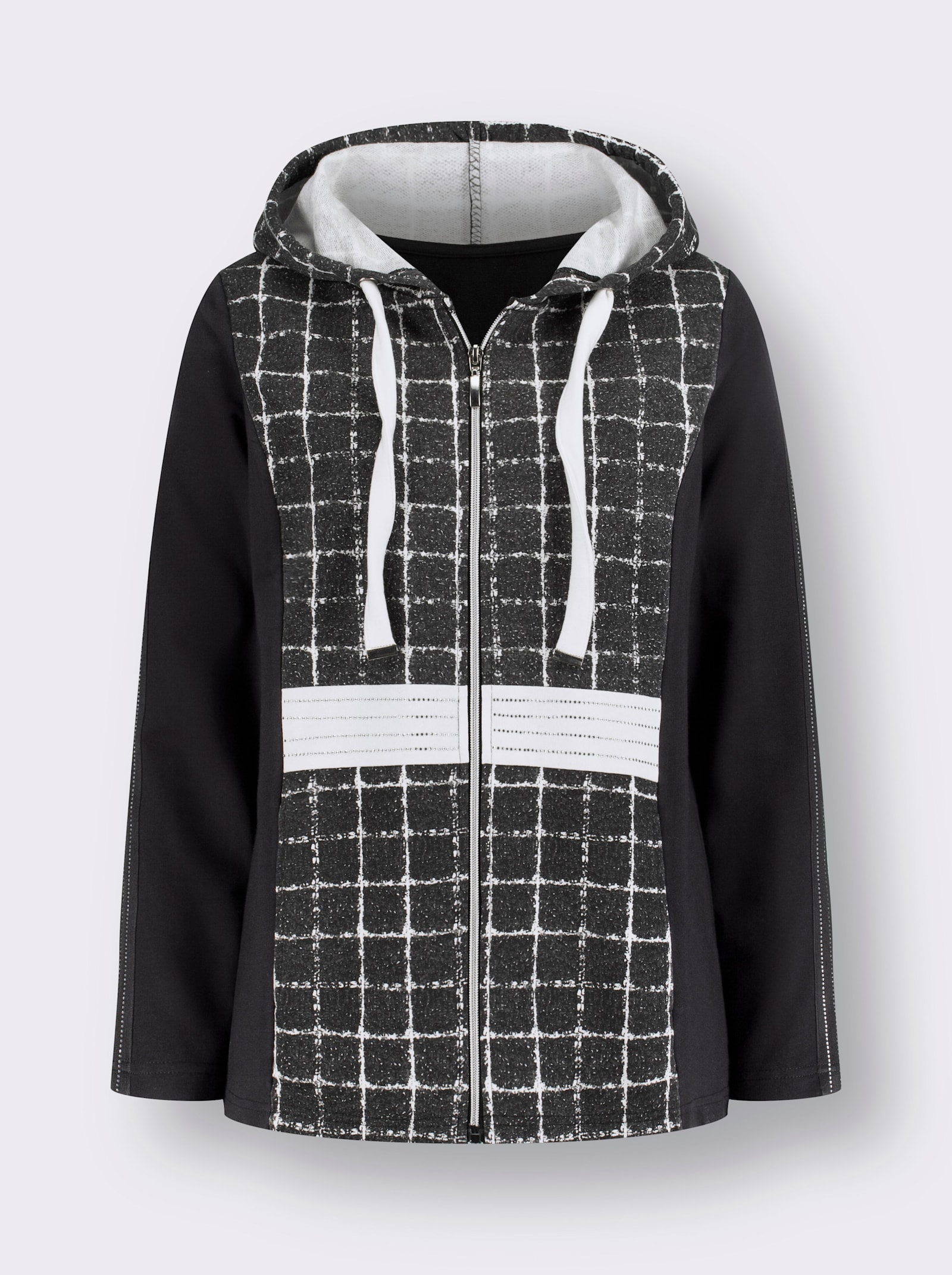 Sweatjacke mit Karo-Muster vorne - schwarz-ecru-gemustert