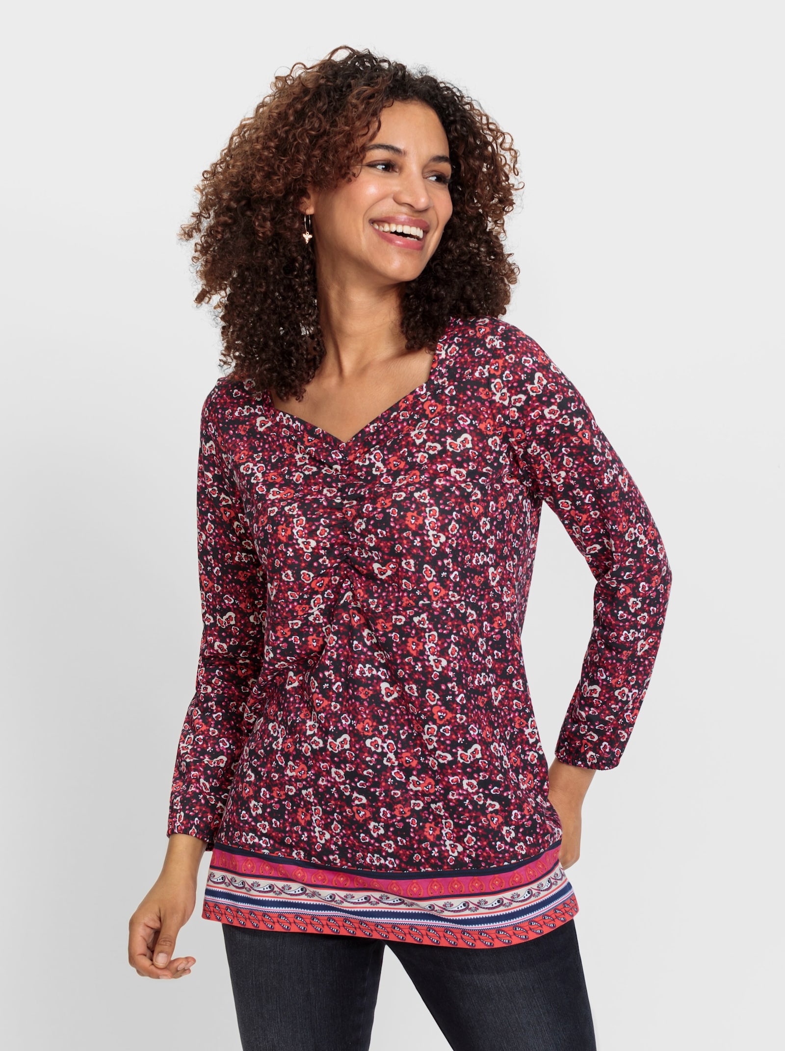 Langarmshirt mit Bordüren-Print, geblümt - schwarz-dunkelrot-gemustert