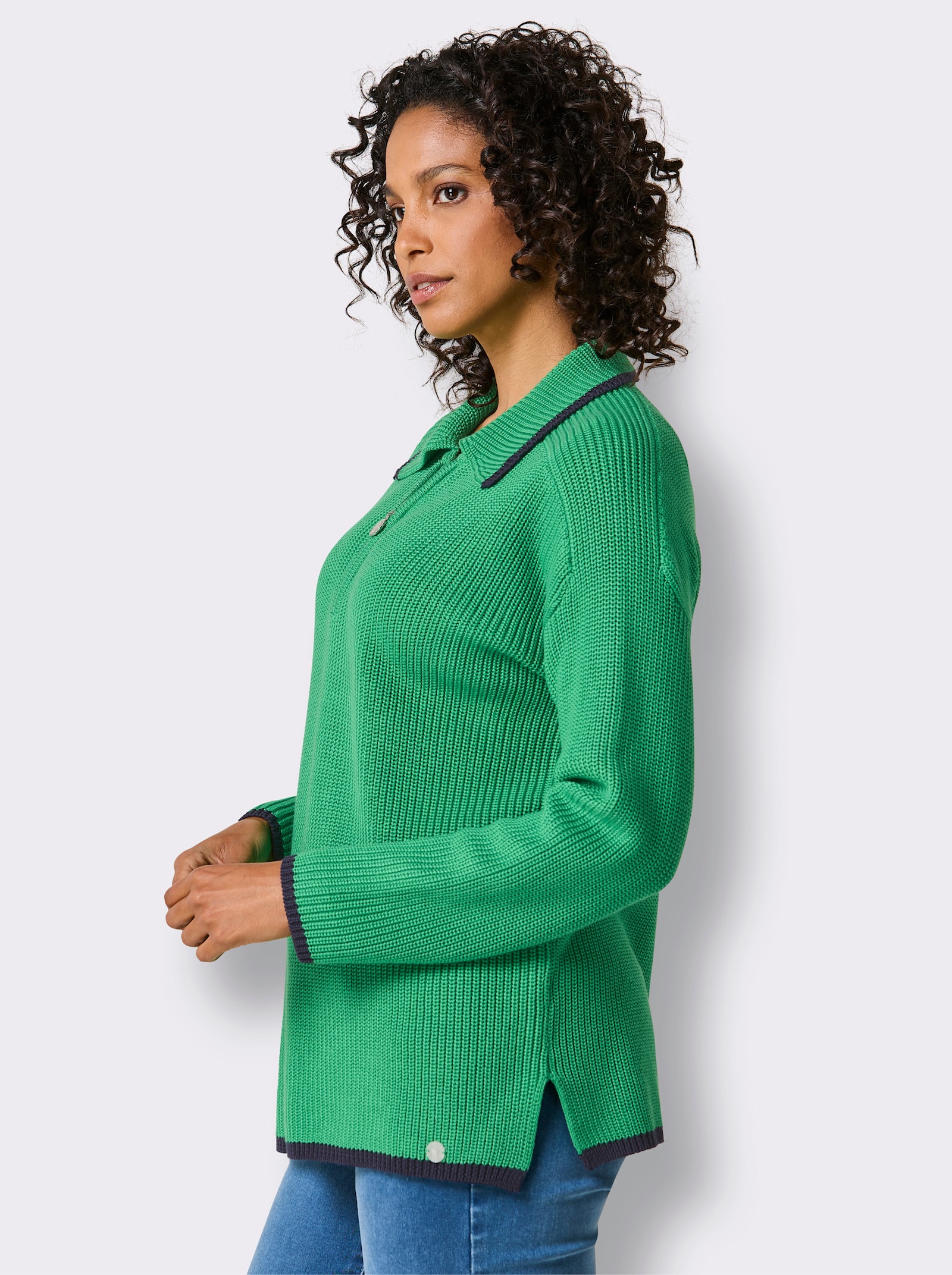 CREATION L PREMIUM Polopullover in Feinripp-Struktur - grasgrün