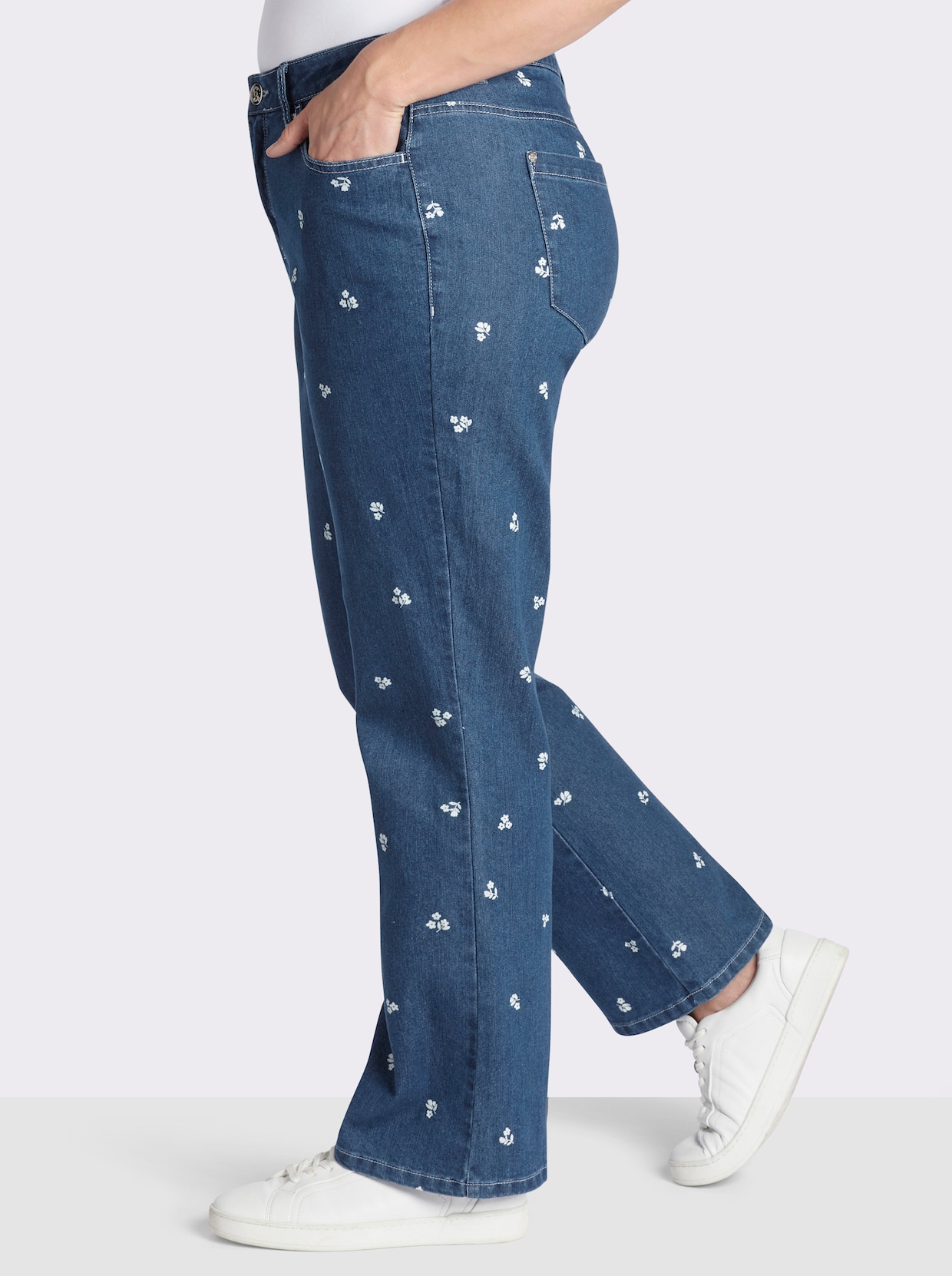 sheego Jean bootcut avec imprimé floral - bleu blanchi