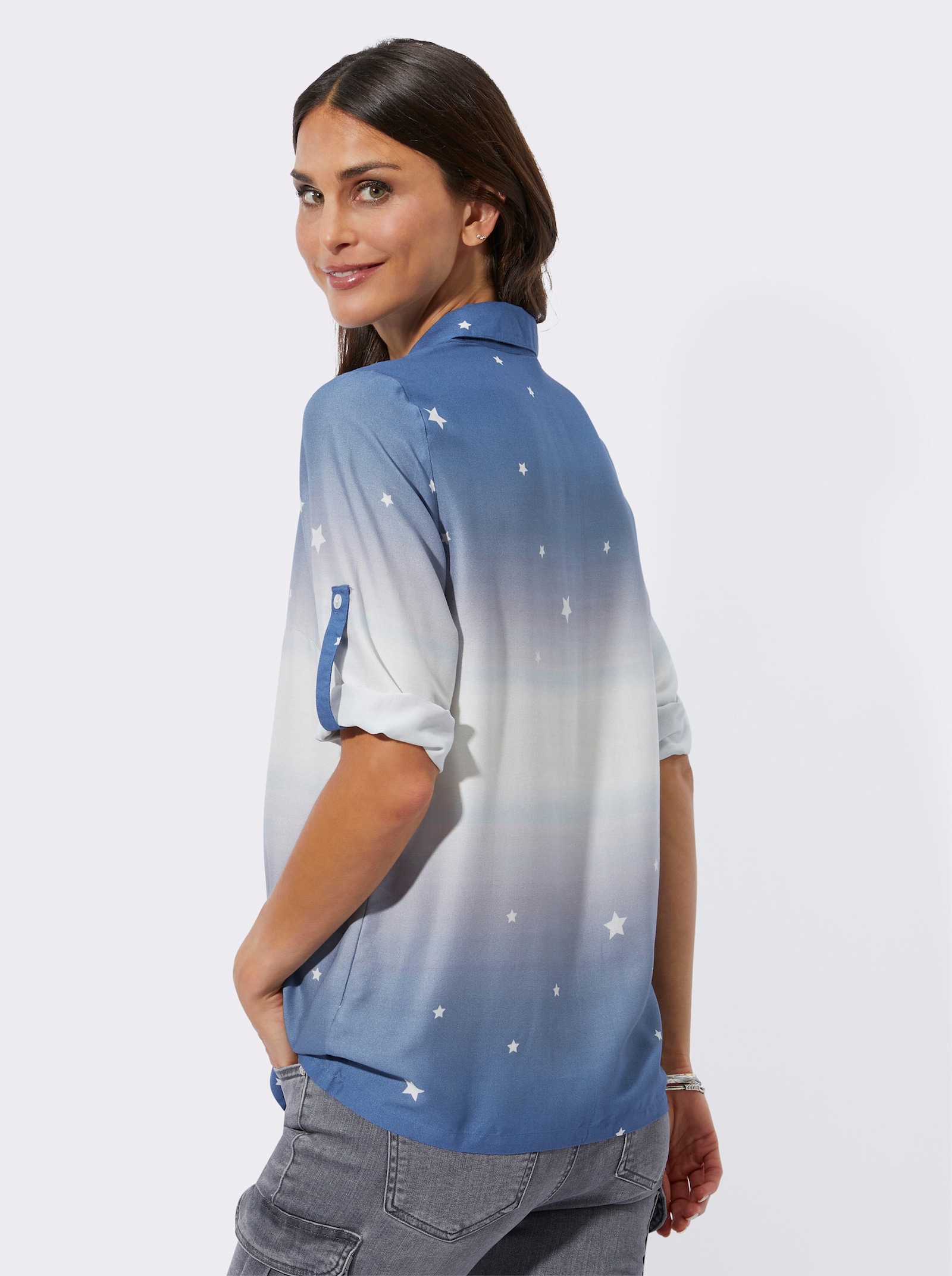 Druckbluse mit Farbverlauf - jeansblau-weiß-bedruckt