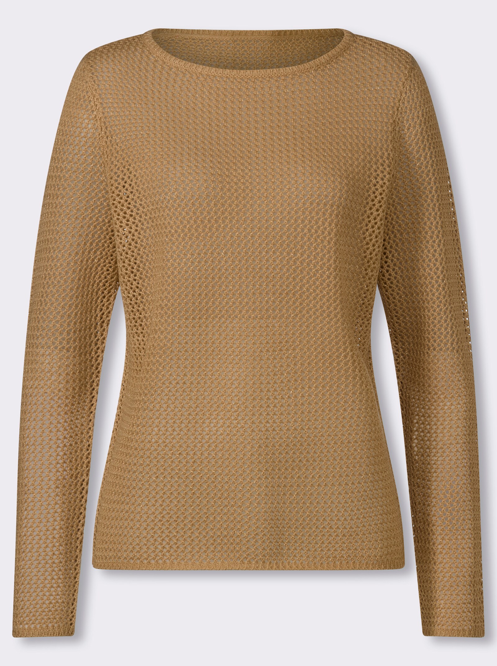 Ajourpullover mit goldfarbenem Effektgarn - camel