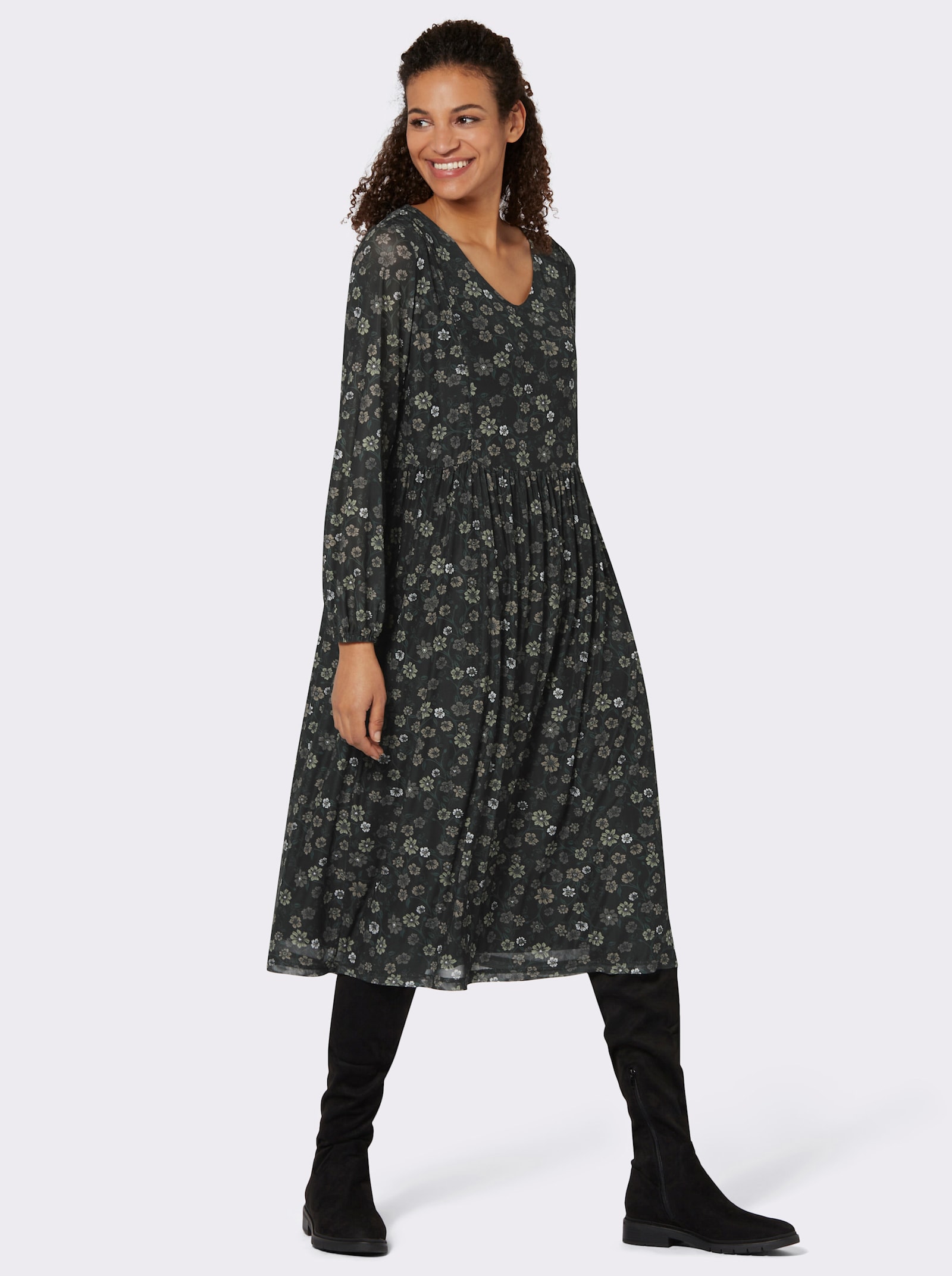 Blumenkleid in floral bedruckter Mesh-Qualität - schwarz-bedruckt