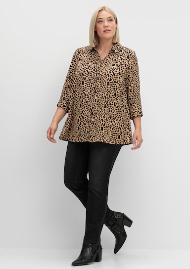 Longbluse - camel-schwarz-bedruckt