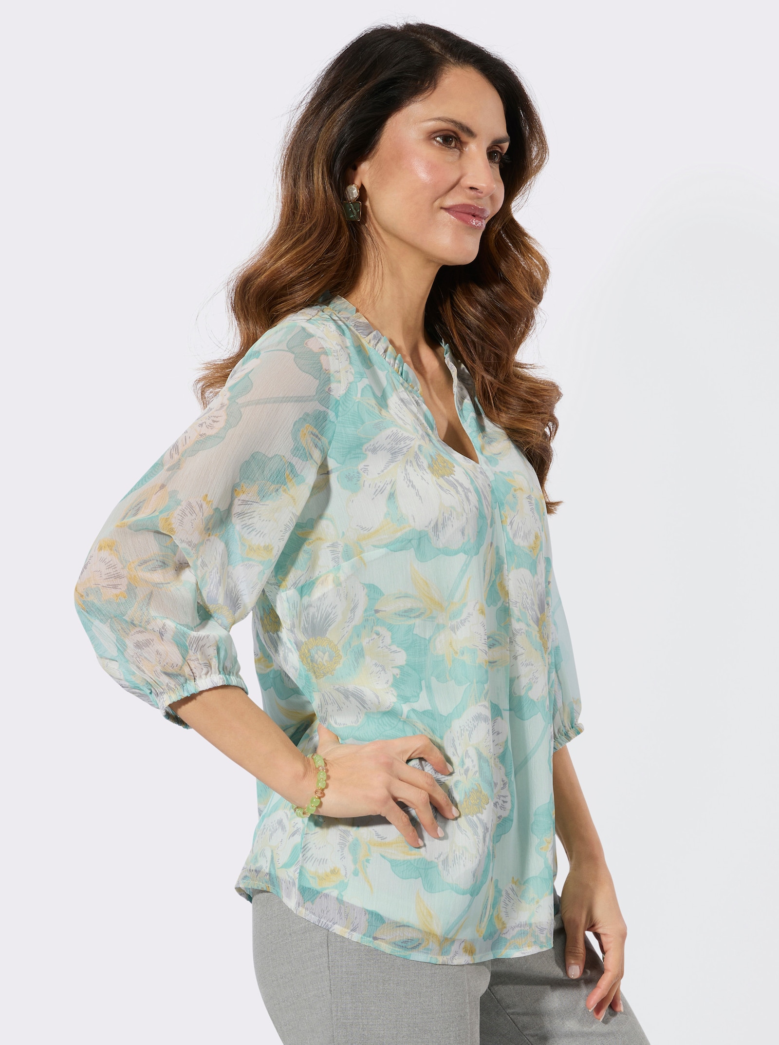 Druckbluse mit Rüschen - zartmint-salbei-bedruckt