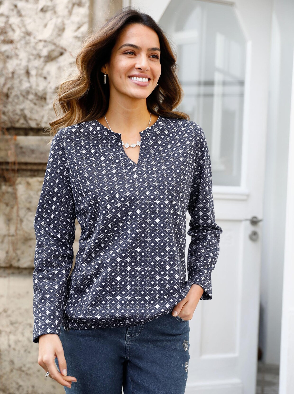 Langarmshirt - marine-ecru-bedruckt