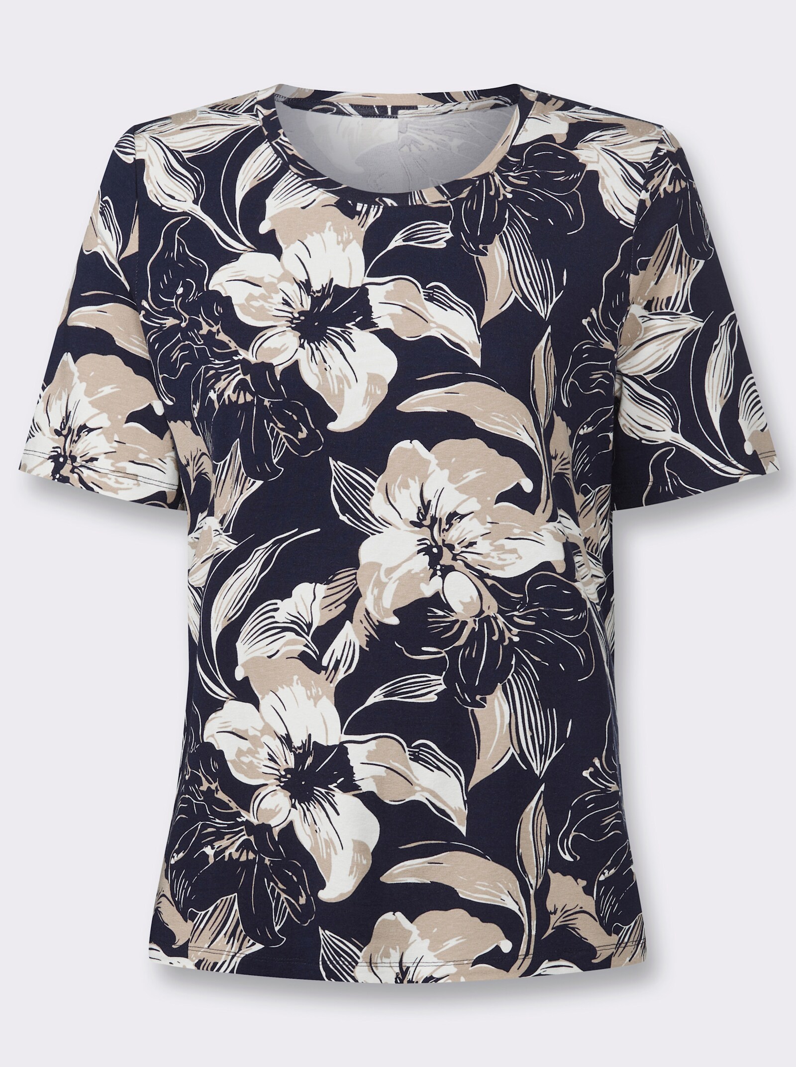 Rundhalsshirt in Viskose-Qualität - marine-beige-bedruckt