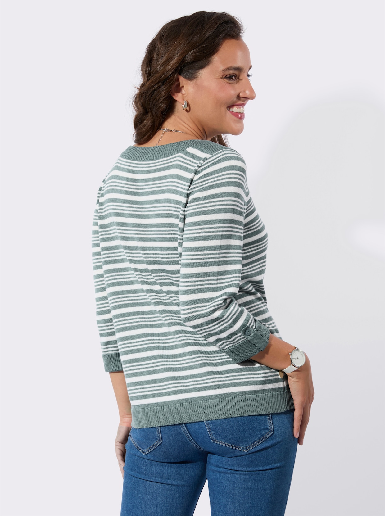 Baumwollpullover - jade-ecru-geringelt