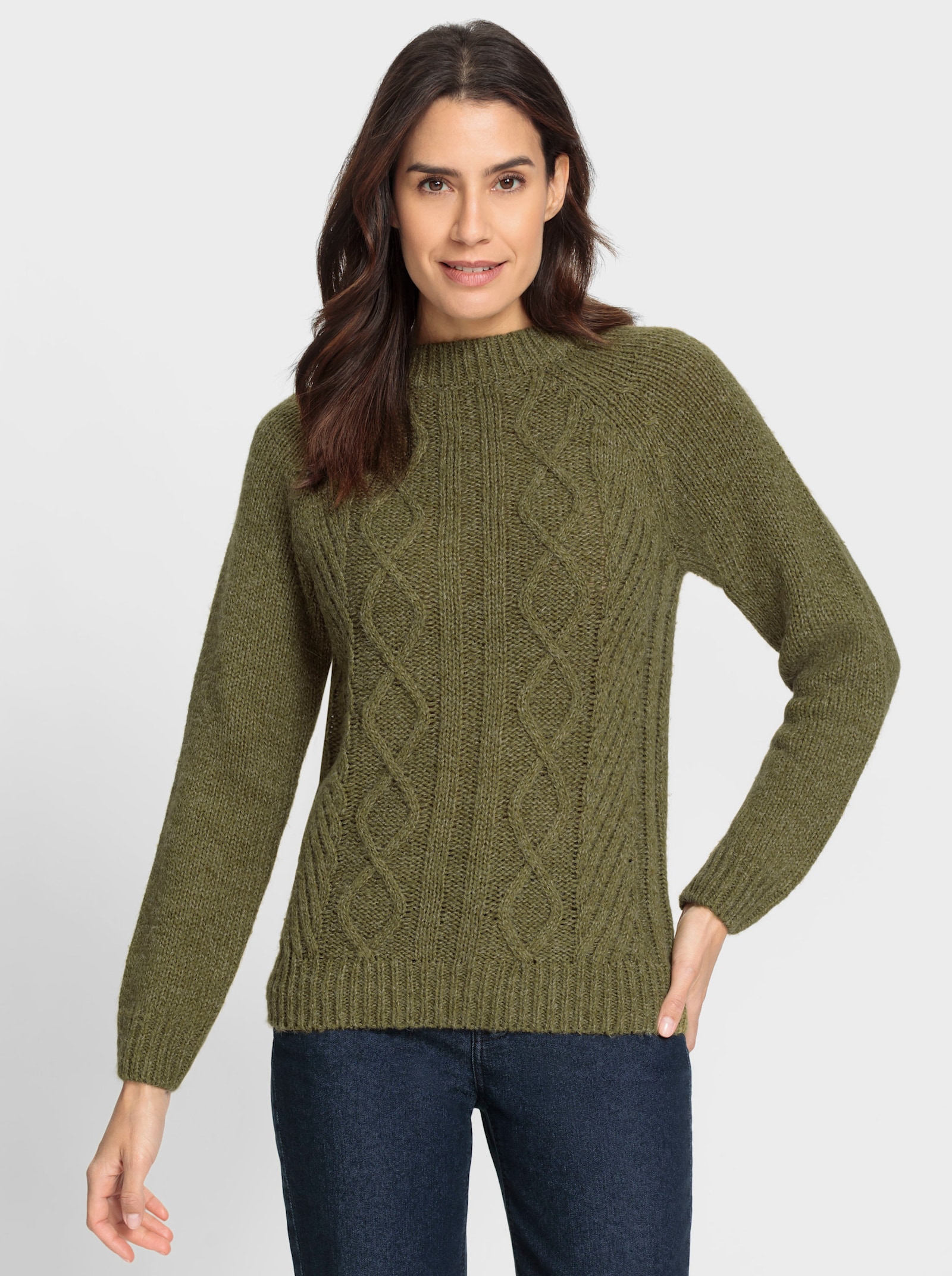 Svetr s žebrovaným kalichovým límcem - rákosová-olivová-melír