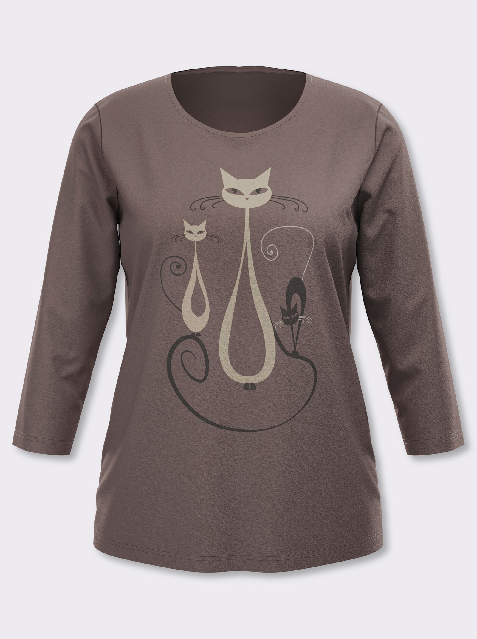 3/4-Arm-Shirt mit Katzen-Druck - dunkeltaupe-graphit-bedruckt