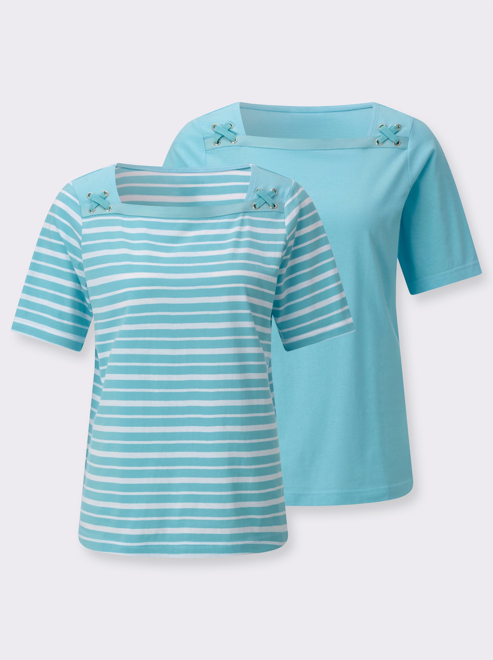 Shirt-Set mit dekorativem Ausschnitt - aquamarin + aquamarin-weiß-geringelt